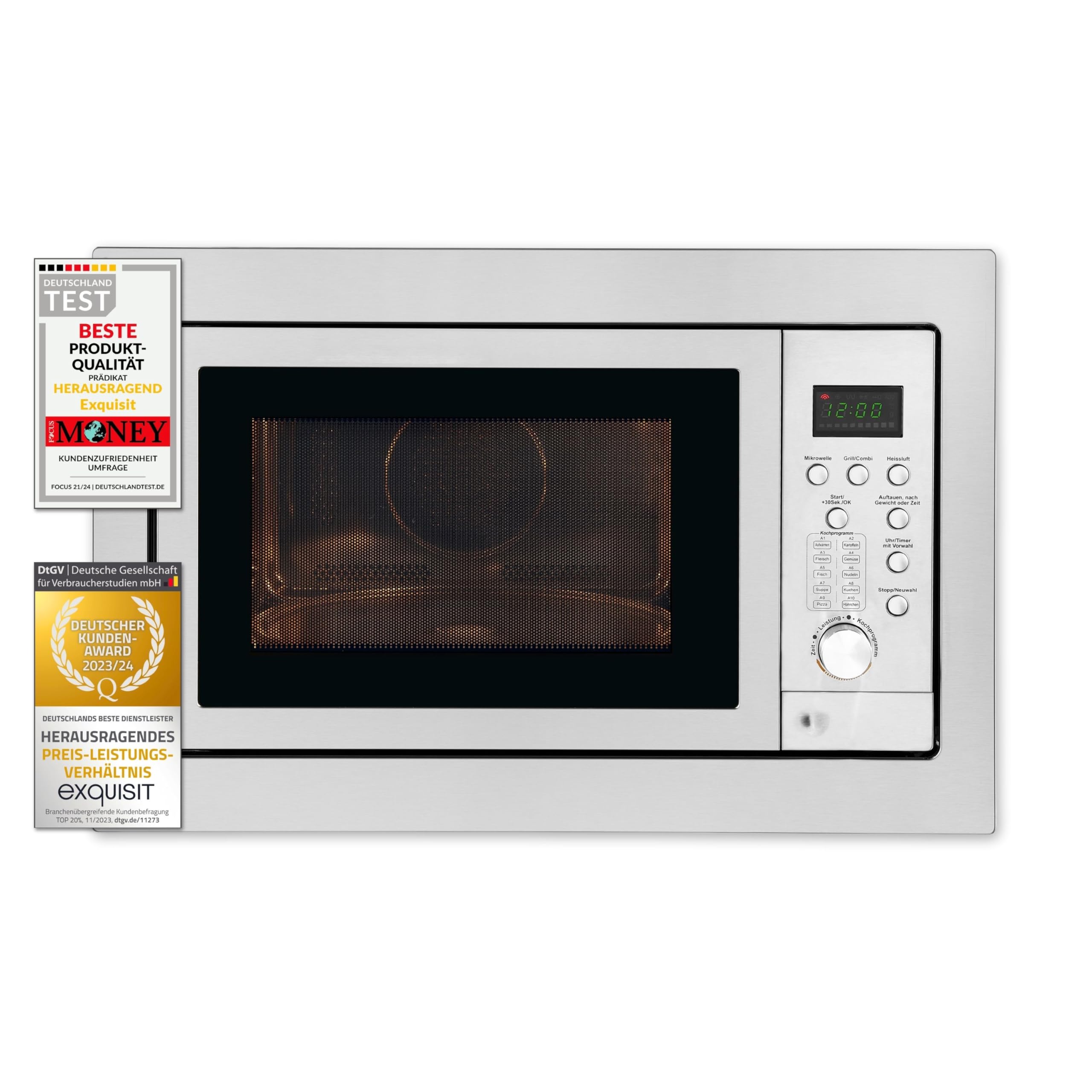 Exquisit® Microondas Combi de Encastre con Marco, 25L, 900W, Grill 1100W, 10 Niveles de Potencia en Función Convección, Acabado Acero Inox, Display Digital, Plato 31,5Cm, Medidas 38,2x59,5x1,9 Cm.