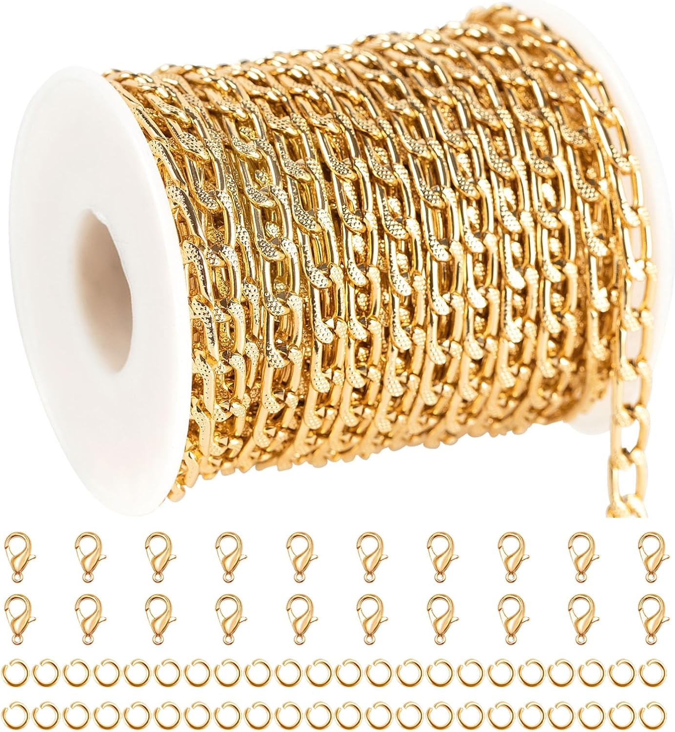 YOUBEIYEE 10 Meters Aluminum Jewelry Making Chains Bulk Delicate Embossed Curb Link Chain Gold Plated Chain on Spool with Jewelry Making Supplies