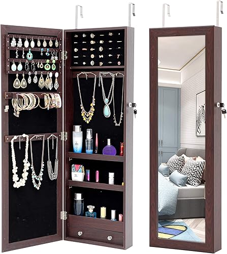 Jewelry Armoire Mirror Cabinet WallDoor Hanging Mounted Door,Lockable Makeup Mirror Organizers and Storage With LED Light,Full-length Mirror with