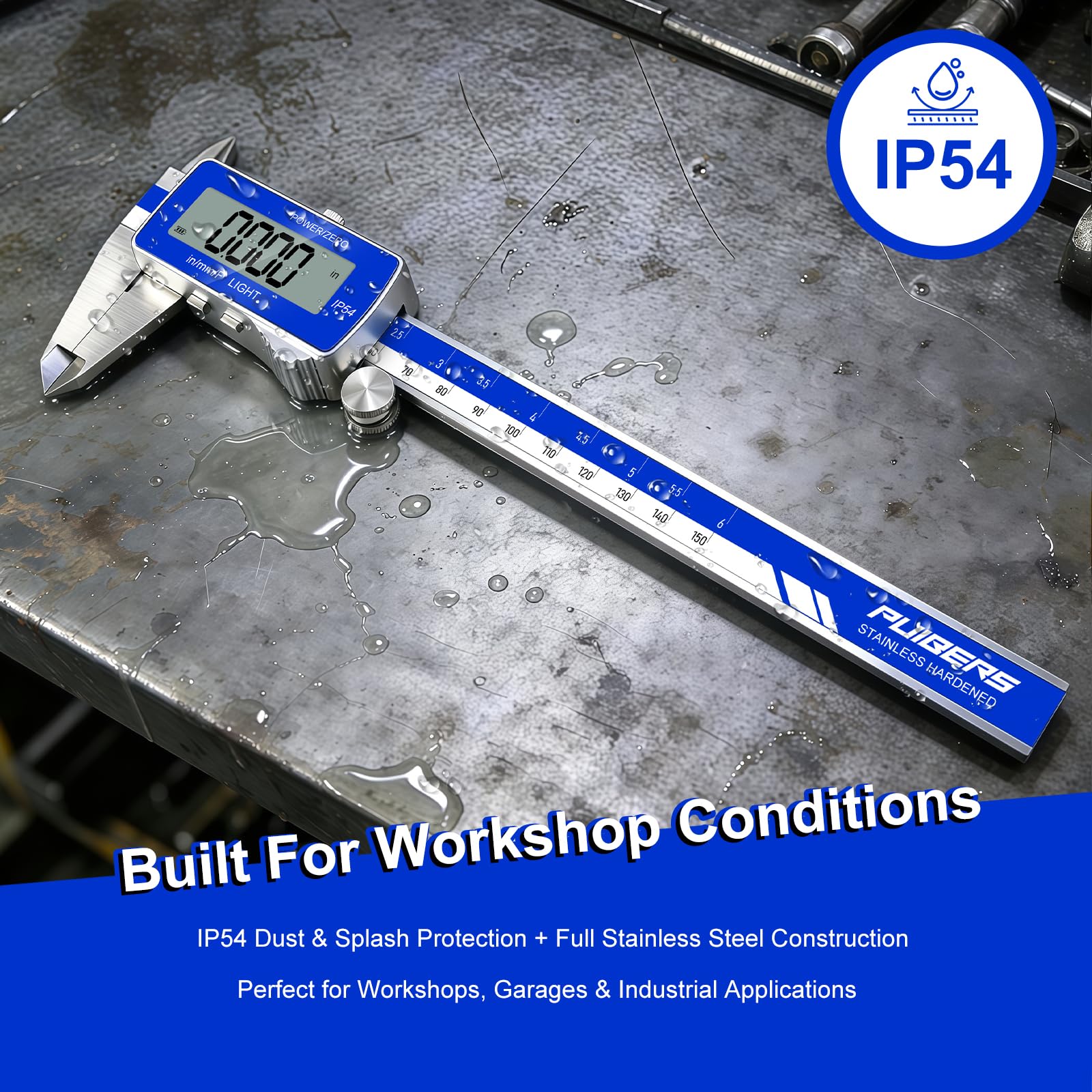 electronic calipers, IN/MM, waterproof electronic display, precise measurement.