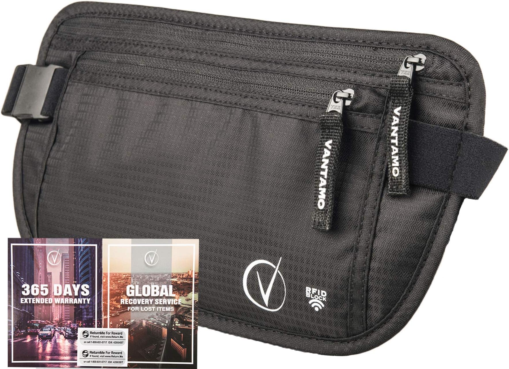 VantamoMoney Belt For Travel Hidden, RFID Protected Waist Wallet, Fits Passport & Phone with covers, Includes 2 Global Recovery Tags (Regular, Black)