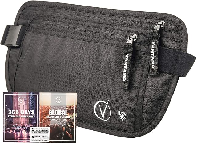 Money Belt for Travel Hidden, RFID Security Pouch, Fits Passport with Cover, Includes Global Recovery Tags (Regular, Black)