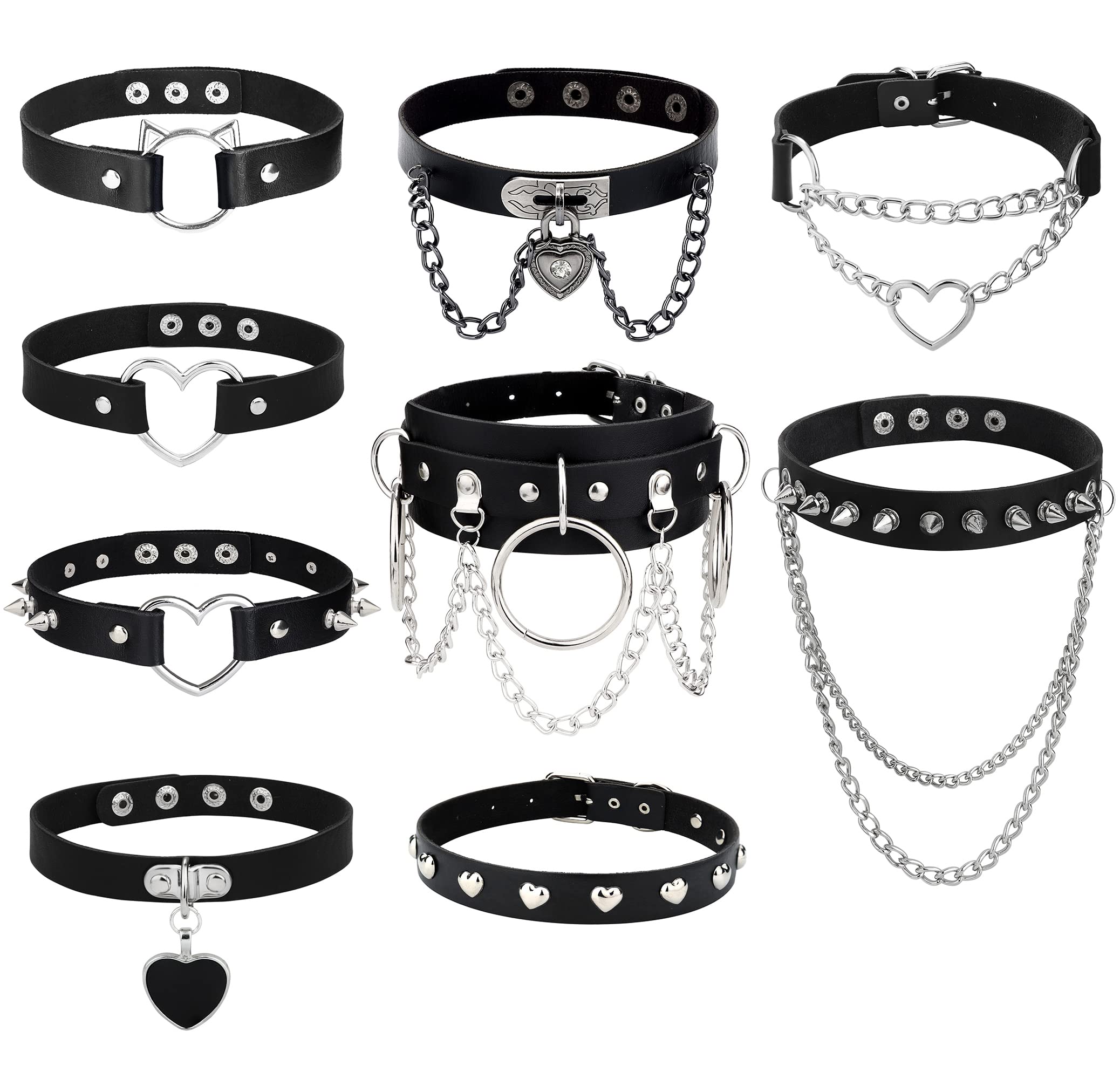 IRONBOX 9Pcs Punk Leather Choker Necklace Set for Women Gothic Choker Adjustable Leather Collar Choker PU Leather Goth Choker - 