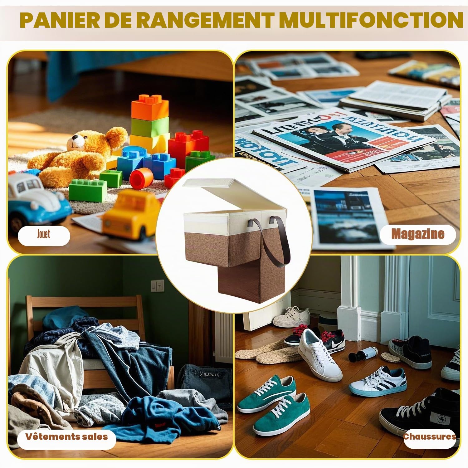 Panier pliable en lin avec poignée et couvercle, sac d'escalier, panier à linge, peu encombrant, en feutre, organisateur pour linge, jouets (marron)
