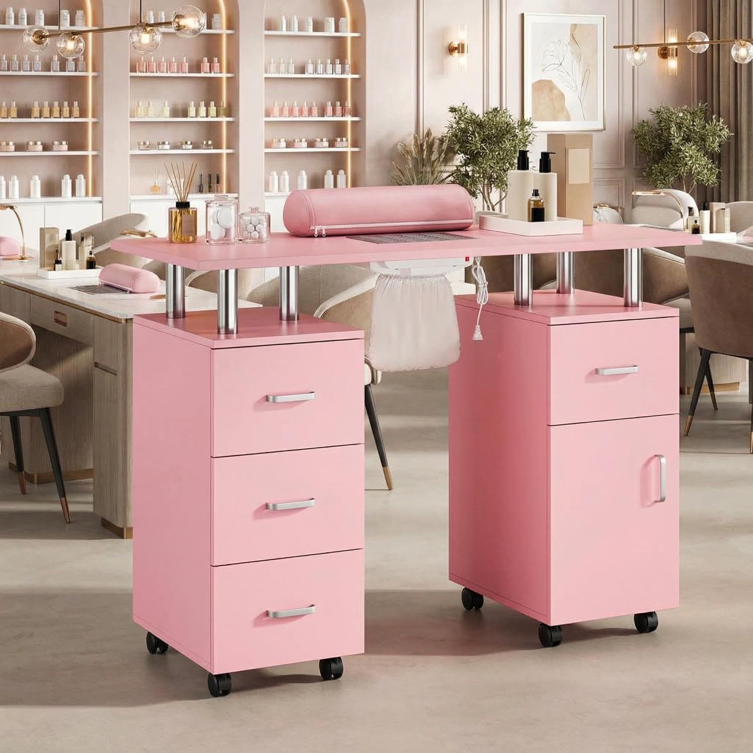 IDEALHOUSE Portable Nail Tech Table with Built-in Dust Collector, Storage Drawers, Ergonomic Hand Rest & Locking Wheels, Professional Manicure Station for Beauty Salon, Spa & Makeup Workstation