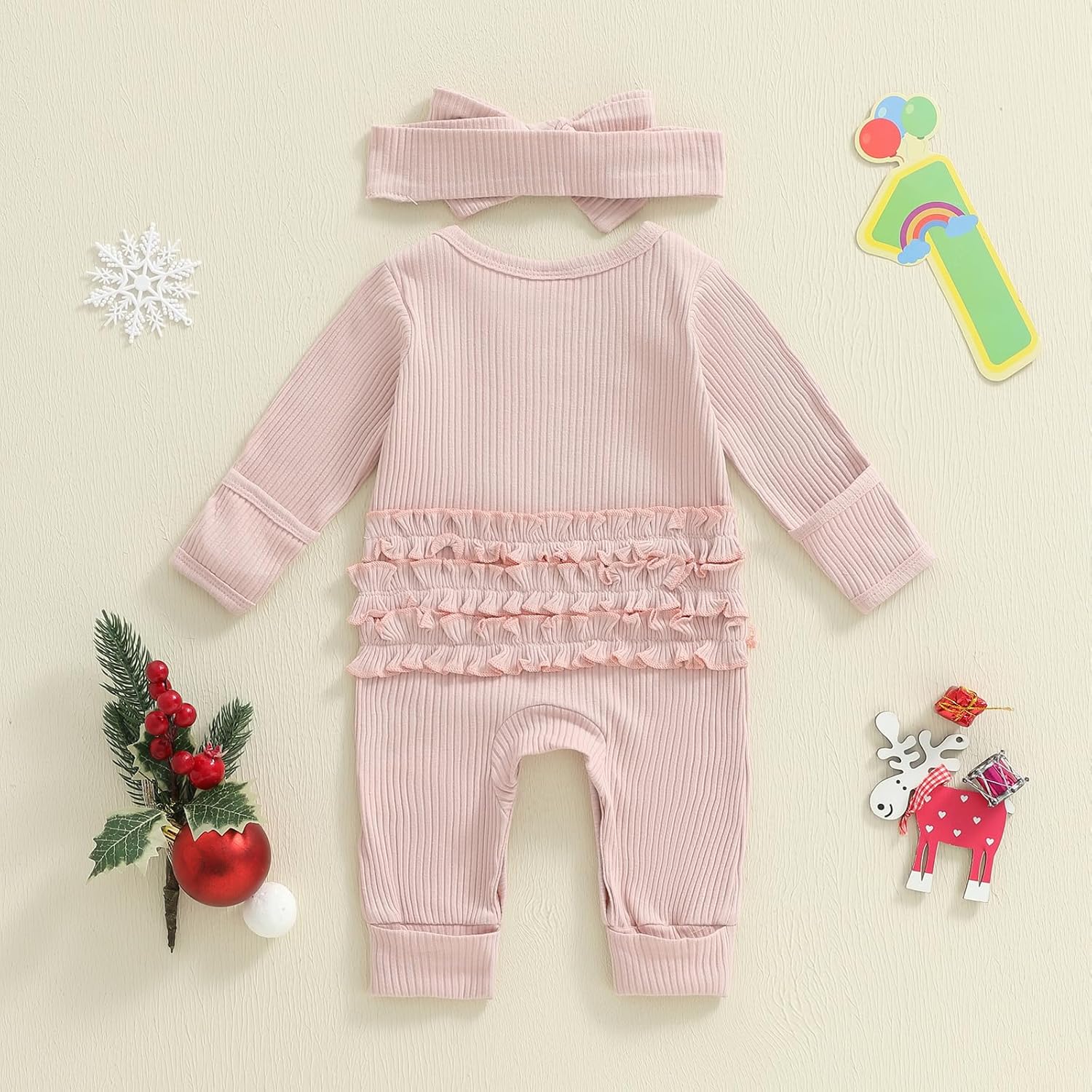 Newborn Girl Christmas Outfit Baby Ribbed Letters Long Sleeve Romper Onesie Knit Jumpsuit with Headband 2Pcs - Image 7