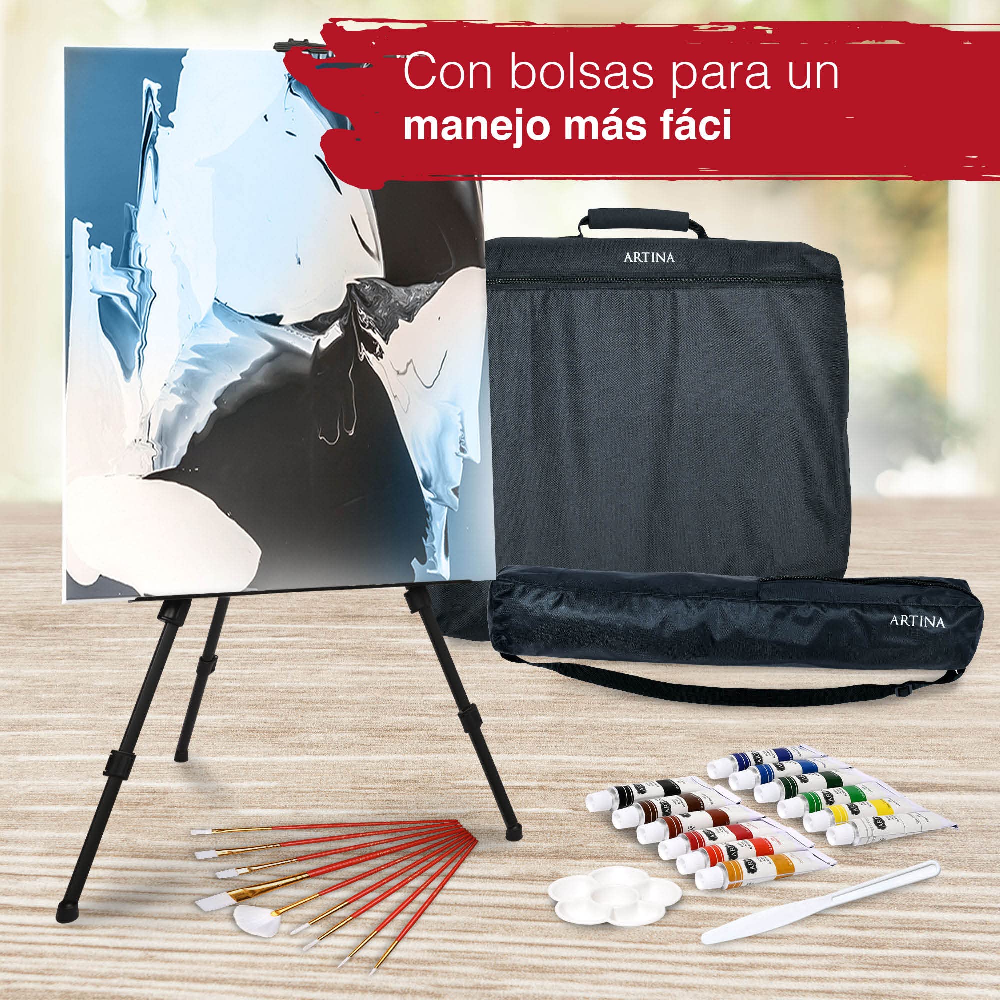 Artina XXL 122 piezas set caballete pintura con maletín pinturas acrílicas | acuarela lápices lienzo pinceles pasteles regalo Navidad niños adultos Pinceless Kit dibujo completo arte Michelangelo