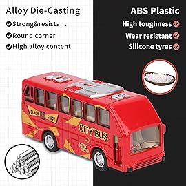 KIDAMI Die Cast Metal Toy Cars Buses Set, 1:64 Scale Double Decker City Bus Vehicles, Pull Back Cars with Openable Doors for Toddlers Boys Girls Birthday Gift