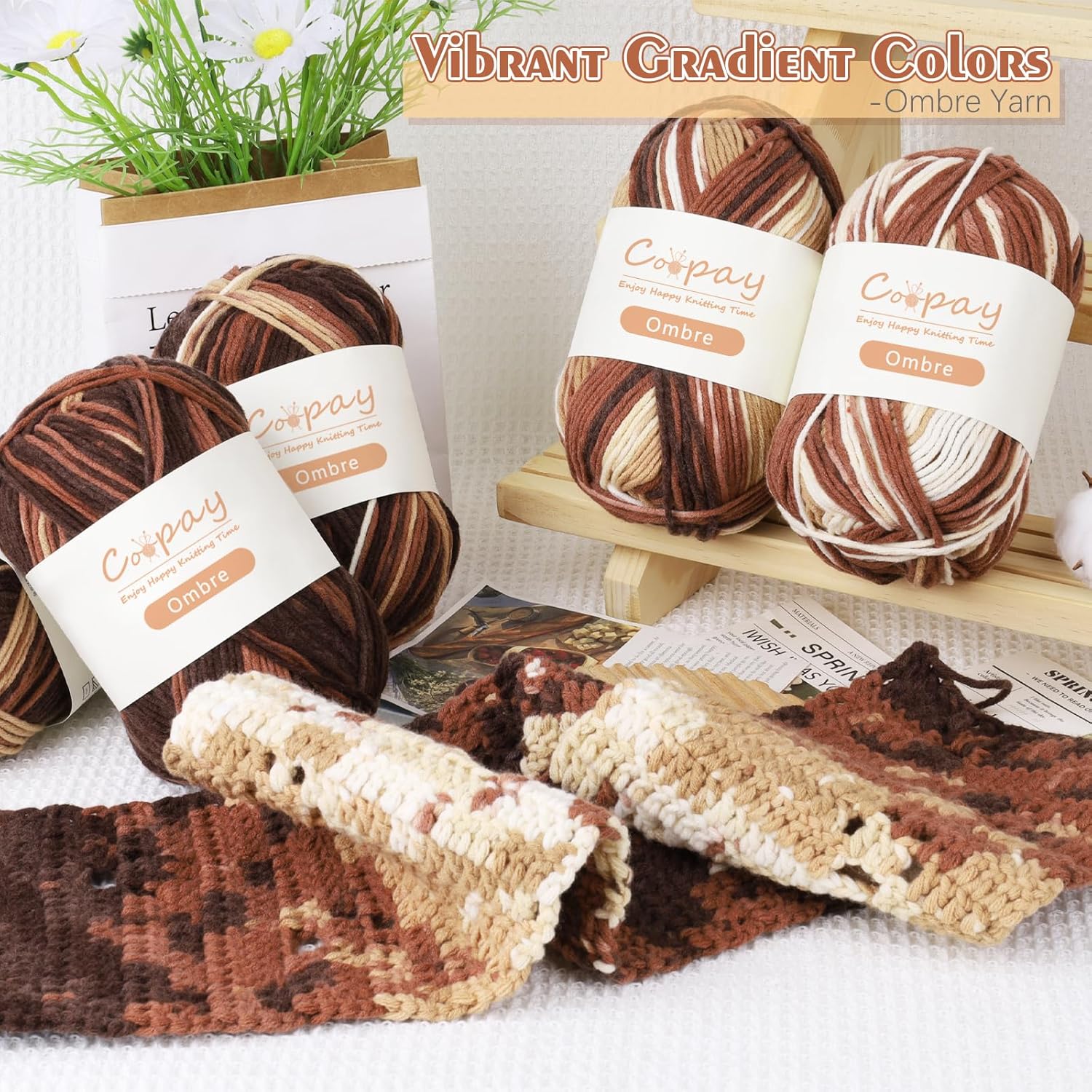 Coopay Ombre Yarn for Crocheting and Knitting, Worsted Weight Yarn 4, 6 Pack Gradient Yarns of 99.99% Acrylic-100g/3.52oz-130m/142yds, Suitable for Hats, Bags and Blankets (102 Mocha)