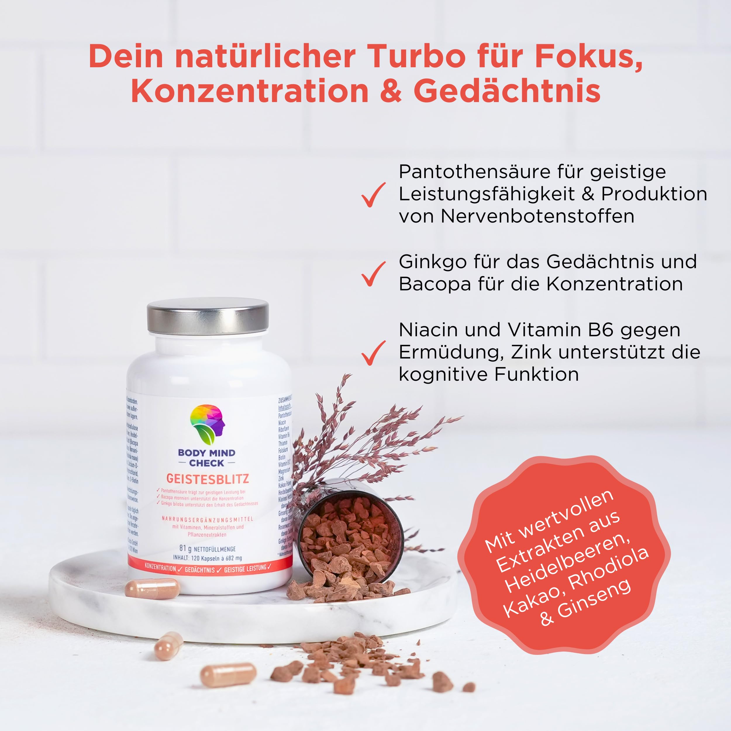 GEISTESBLITZ - natürliche Konzentrations Tabletten zum Lernen und Arbeiten - 120 Brain Booster Focus Kapseln hochdosiert - Focus Booster Gedächtnis Tabletten - Nootropic Gehirn Gedächtniskapseln