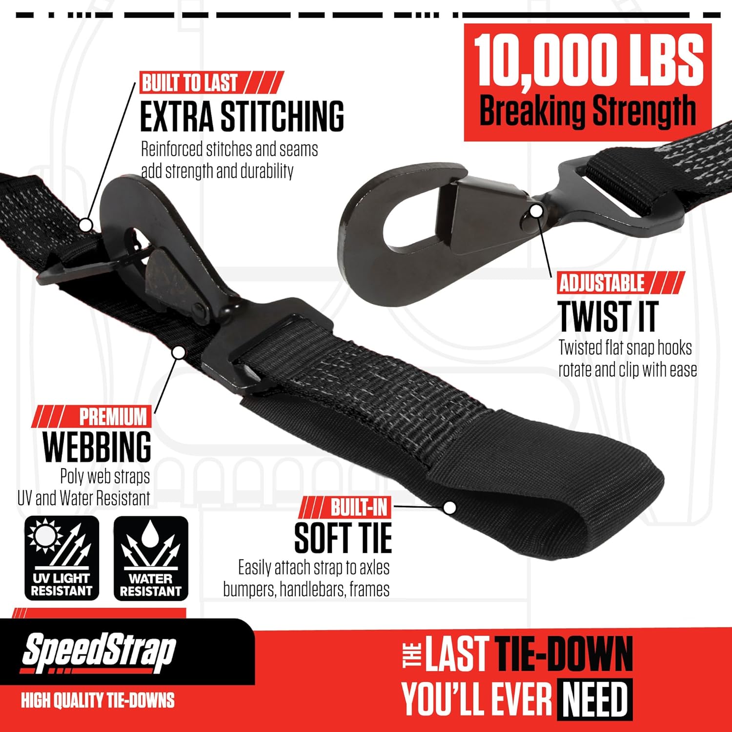 SpeedStrap Car Tie Down Straps with Axle Wraps for Trailers (4-Pack) - 2 Inch x 10 Feet (10,000lb Break Strength) - Heavy-Duty Car Hauler Tire Straps - Secure UTVs, Trucks, Classic Cars, Cargo - Black