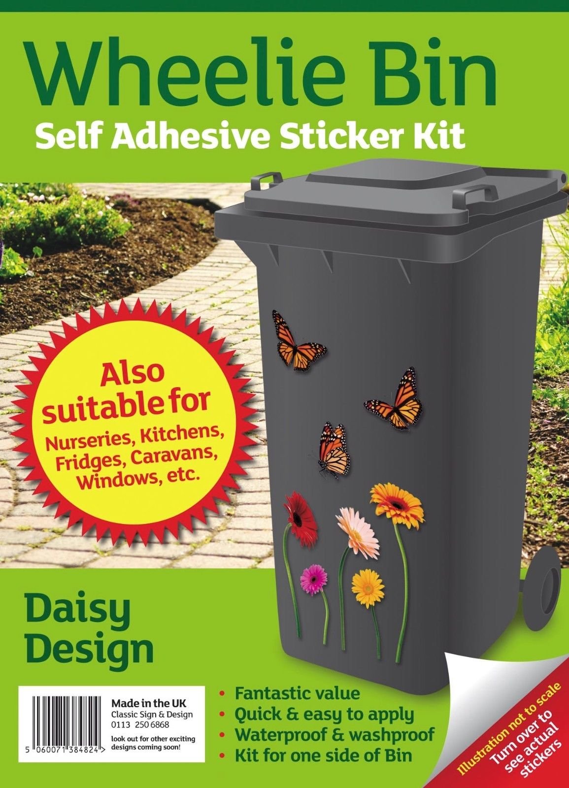 Rowan Black Wheelie Bin Self Adhesive Sticker Kit, Daisies Design