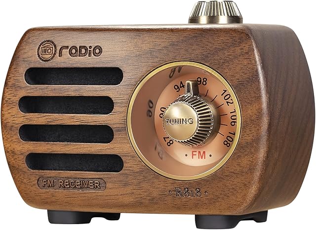 Portable Radio Retro, Wooden FM Radio Small, Transistor Radio Rechargeable with Vintage Style, Bluetooth Radio with High Sound Quality Bass Speaker, Support AUX by PRUNUS R-818 (walnut wood)