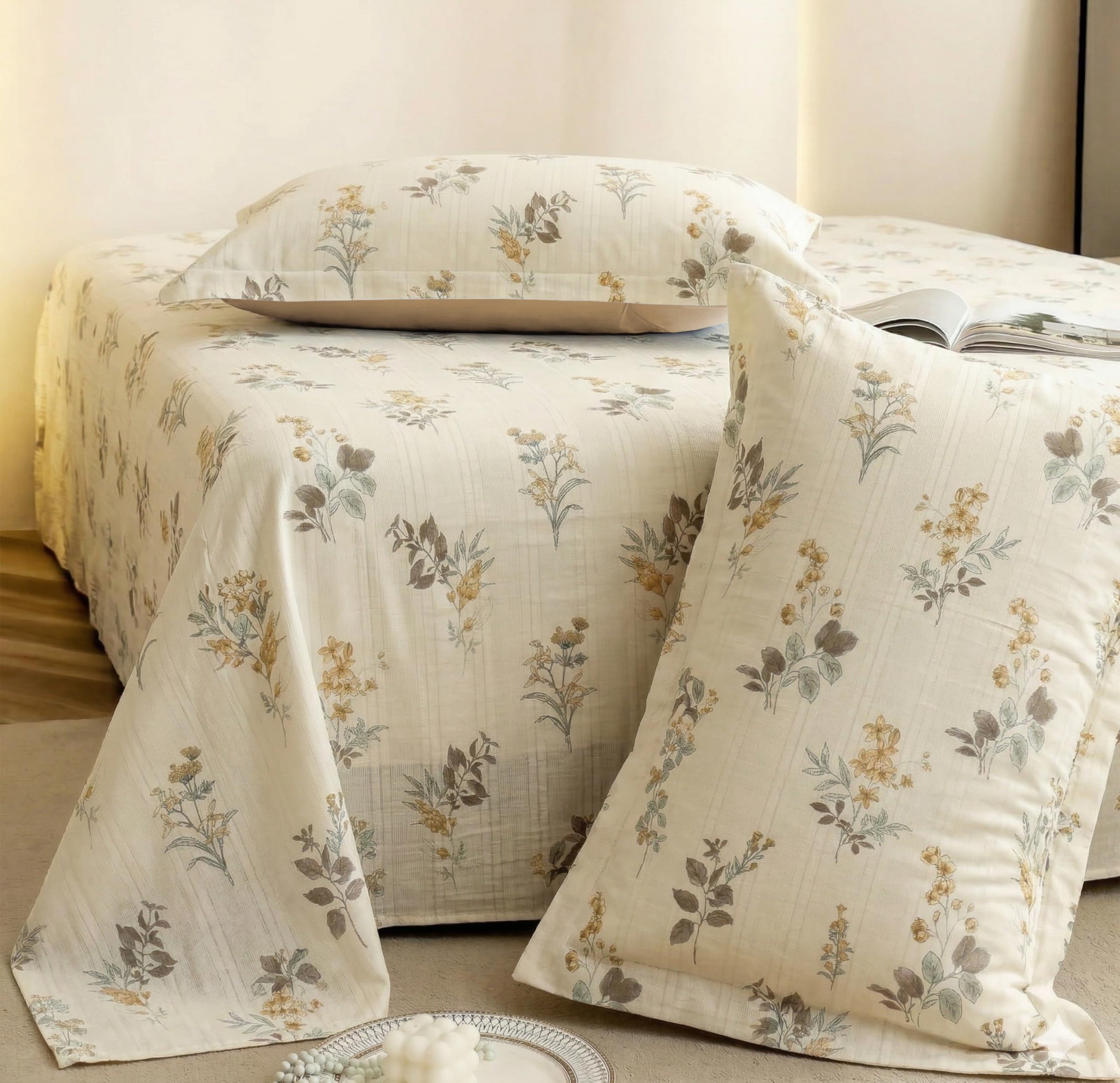 VAS COLLECTIONS King Size Bedsheet Set Cloud Cotton 270x240 cm | Soft Breathable Flat Bed Sheet with 2 Pillow Covers | Floral Printed Bedsheet for King Bed | Durable Bedding Set, Botanical Mustard