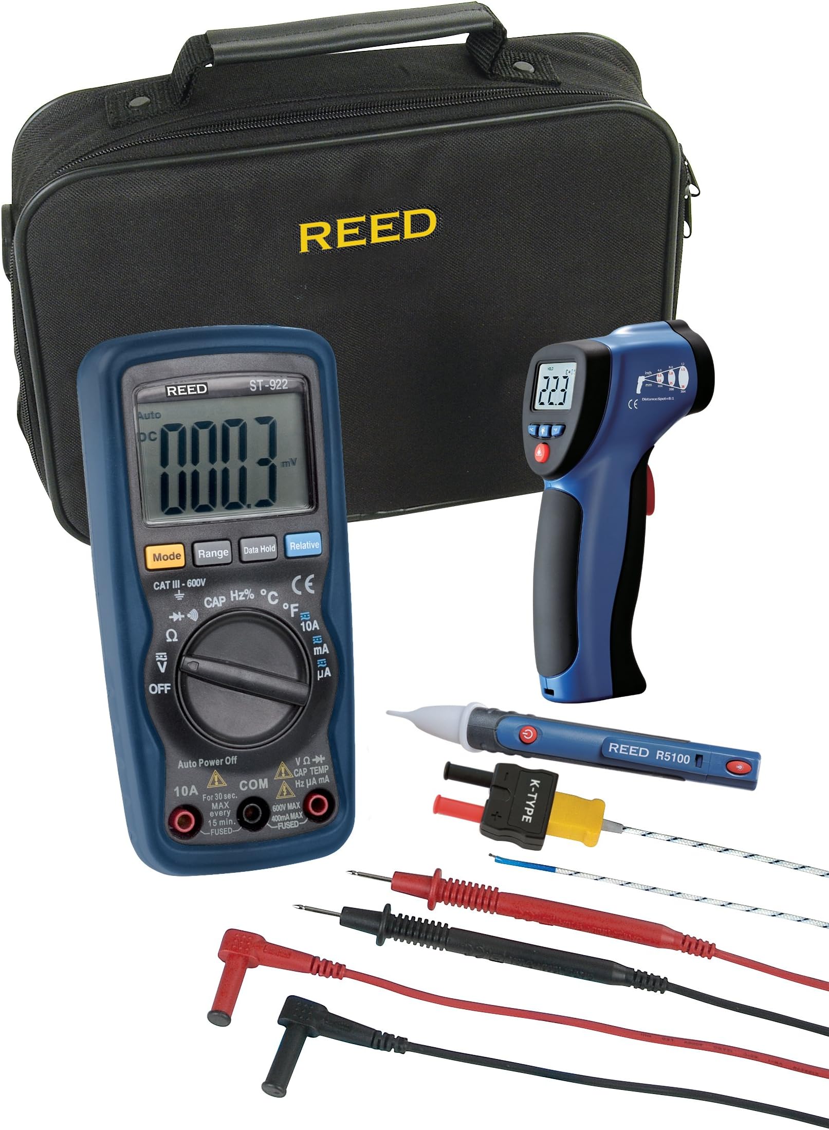 Reed ST-TEMPKIT Electrical Test Kit with Auto-Ranging, Average-Sensing Multimeter, Infrared Thermometer, Noncontact Voltage Detector, Temperature Input Adapter, K-Type Thermocouple Probe, Test Leads, and Case