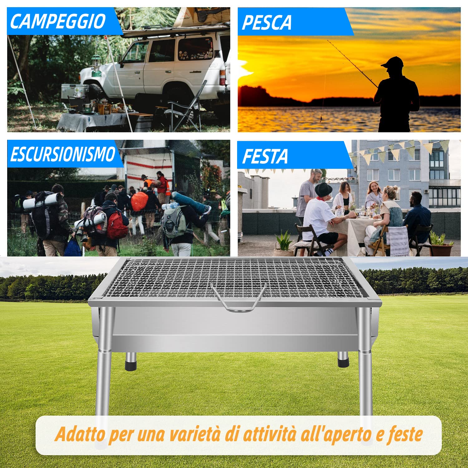 Barbecue a carbonella da esterno, in acciaio inox, regolabile e smontabile, portatile, con gambe di supporto, per giardino, pic-nic, campeggio
