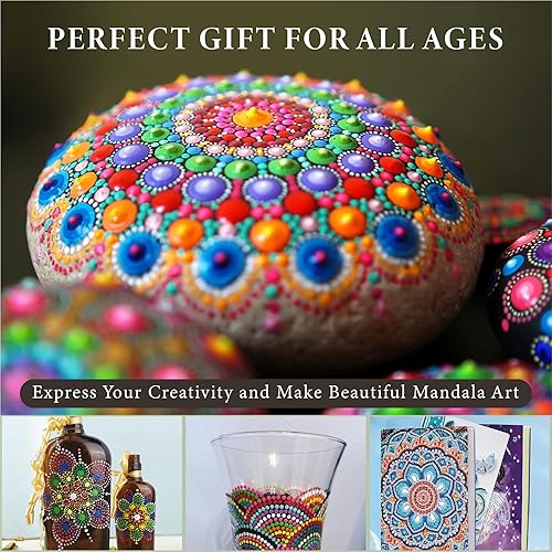 Miniatura 5 de MoonGarden Kit de pintura de rocas de mandala, kit de herramientas de punteado de mandala, rocas grandes de madera para pintar, plantillas, pinturas
