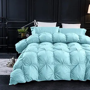 Three Geese Pinch Pleat Waterfowl Feathers and Down Comforter Twin Size Duvet Insert,750+ Fill Power,1200TC 100% Cotton, Premium All Seasons Aqua-Sky Warm Hotel Comforter with 8 Tabs.