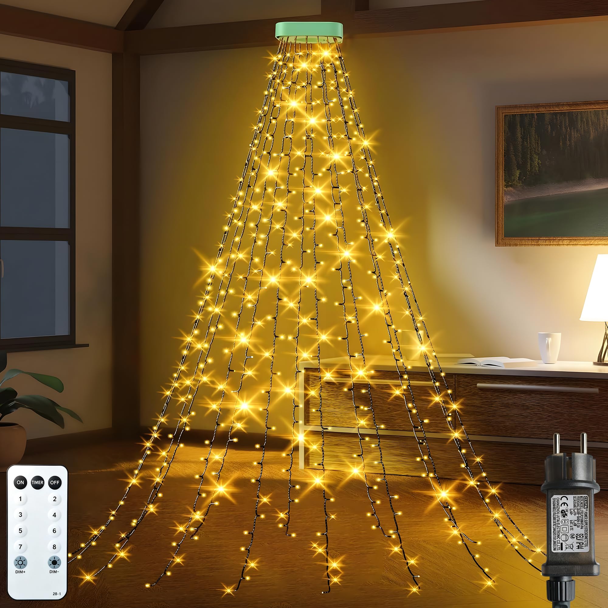 GYLEFY 3M Weihnachtsbaum Lichterkette für Weihnachtsdeko-Warmweiß | 480LED, Christbaumbeleuchtung mit Ring, 16 Stränge Lichterkette Baum, Innen Außen, mit 8 Modi, Timer, Wasserdicht