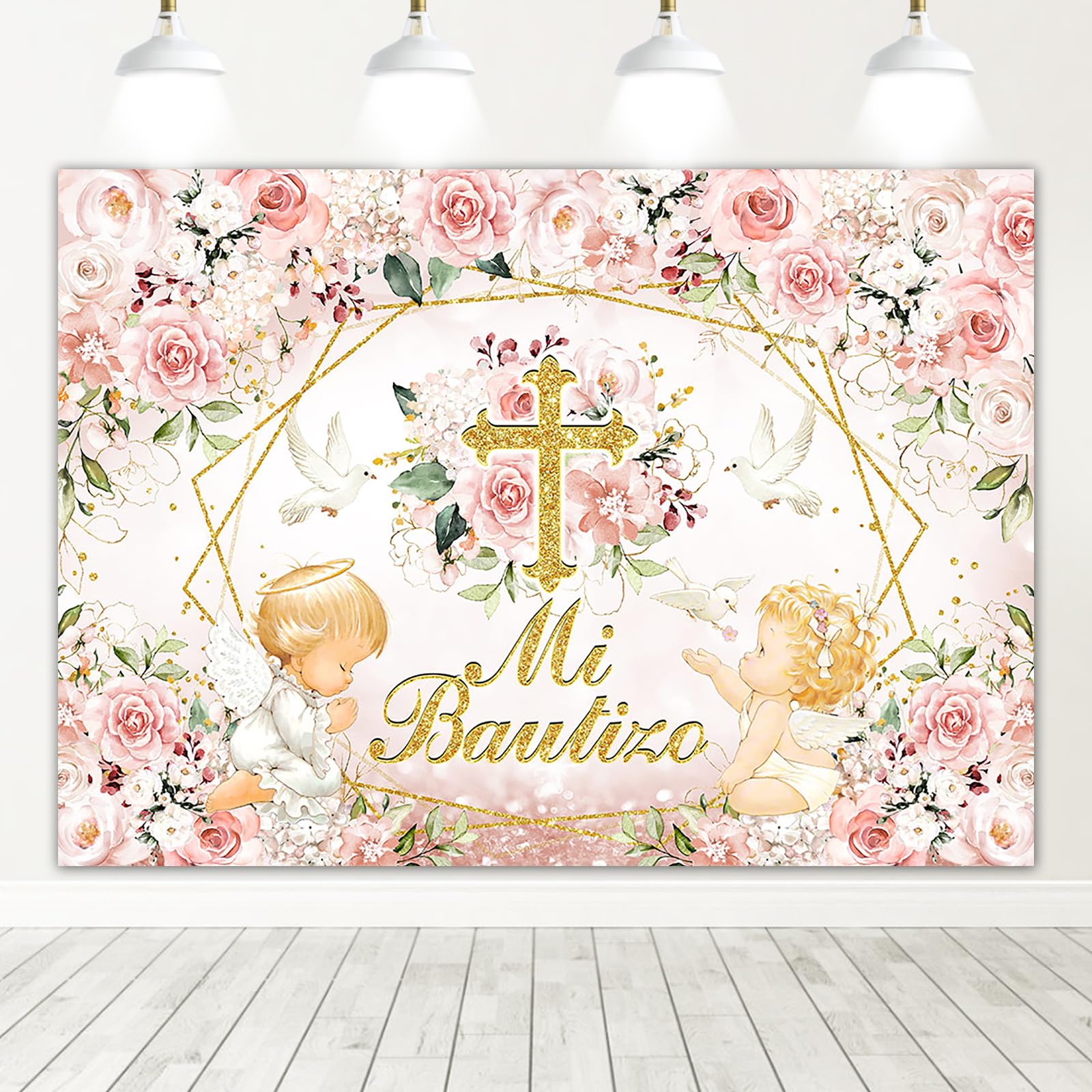 Mocsicka Mi Bautizo Backdrop First Holy Communion Baptism Background Pink Floral Christening Newborn Girl Baby Shower Party Decorations Photo Booth