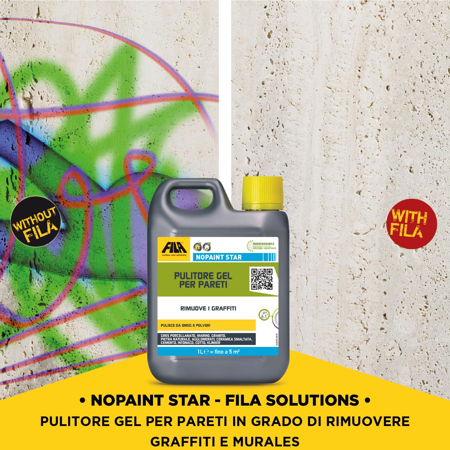 Fila Surface Care Solutions, NOPAINT Star, Pulitore Gel per Pareti e Muri, Rimotore Professionale di Graffiti e Murales, Rimuove la Vernice Spray e la Bomboletta Spray Colorata, 1L
