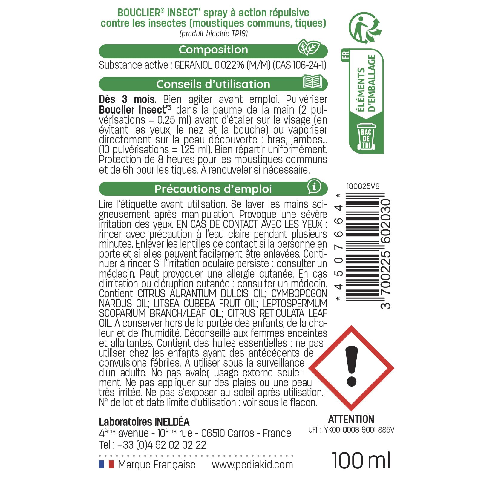 PEDIAKID - Bouclier Insect'- Spray Répulsif aux Huiles Essentielles - Contre les moustiques, tiques et guêpes - Dès 3 mois - 100ml