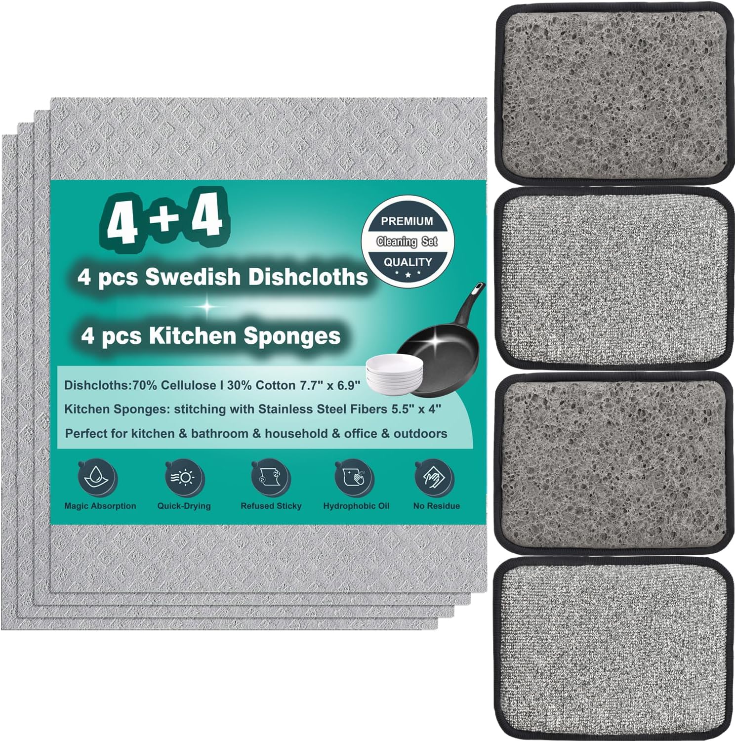 METUUTER 4 PCS Swedish Dishcloths + 4 PCS Dual-Sided Kitchen Sponges for All-Purpose Cleaning Kit