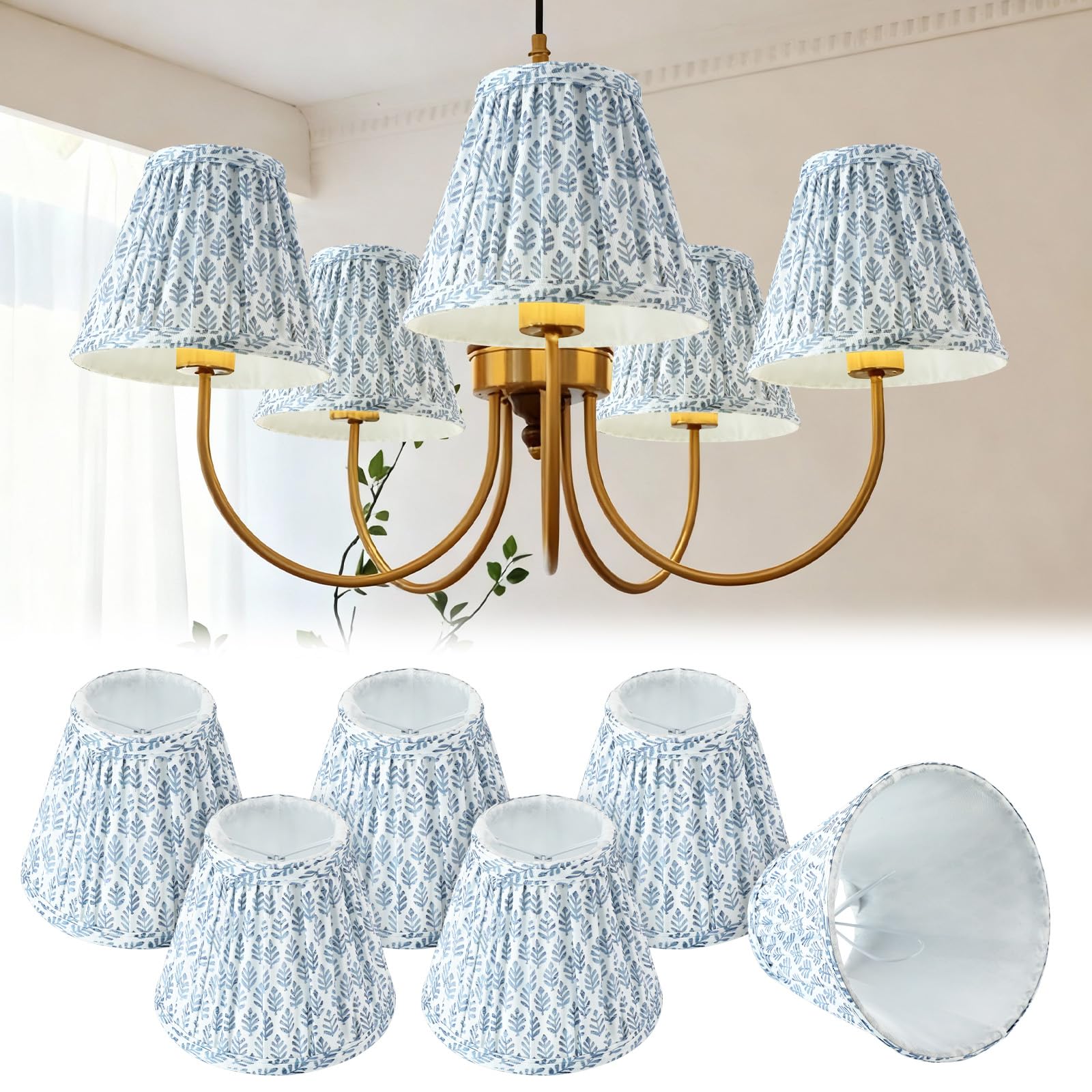 Honoson 6 Pcs Pleated Chandelier Lamp Shades 3" Top x 5.5" Bottom x 4.7" Slant Small Lamp Shades Clip on Bulb Blue Tree Fabric Bulb Covers for Wall Sconces Pendant Light