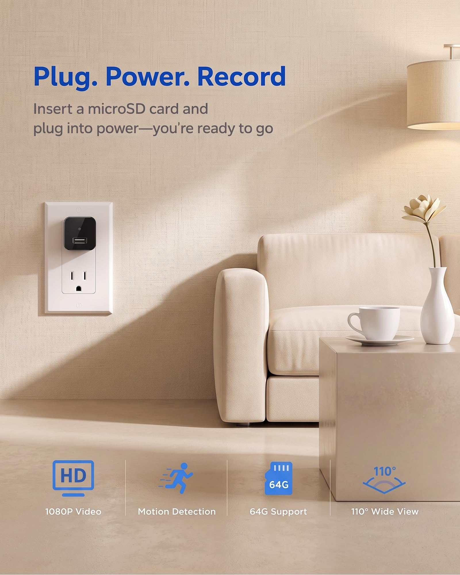 Cámara de carga inteligente - Mini cámara inalámbrica HD 1080P WiFi con visión nocturna - Diseño de doble puerto