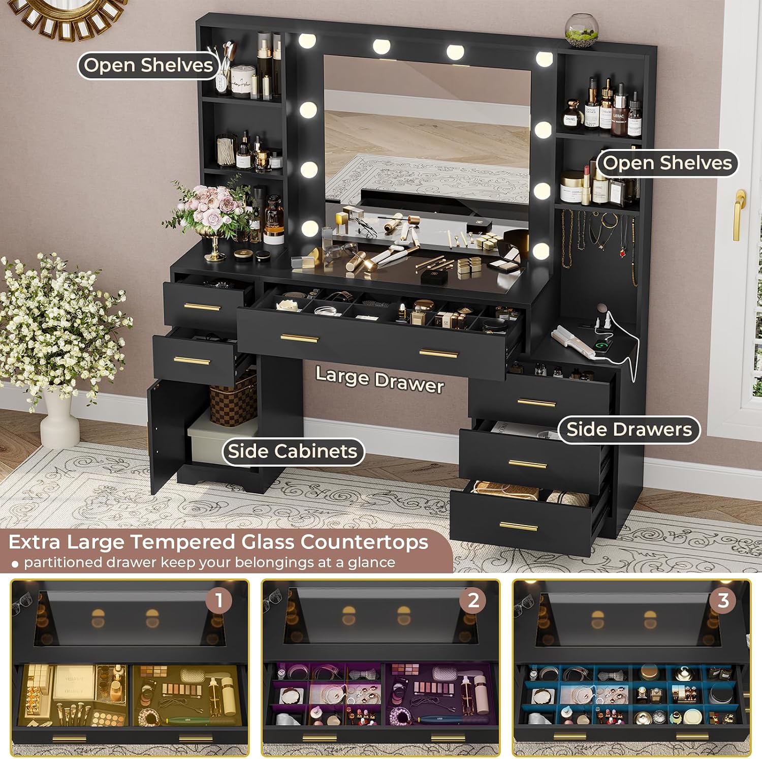 Hasuit Vanity Desk with Open Shelves, Large Drawer, Side Cabinets, and Side Drawers