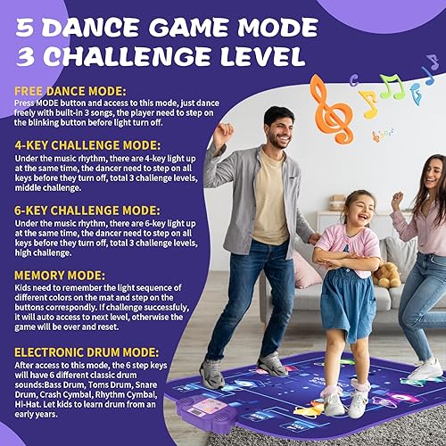 Miniatura 6 de Tapete de baile para niños de 3 a 12 años, tapete de baile musical iluminado con Bluetooth, 5 modos, 3 niveles de desafío, modo de batería