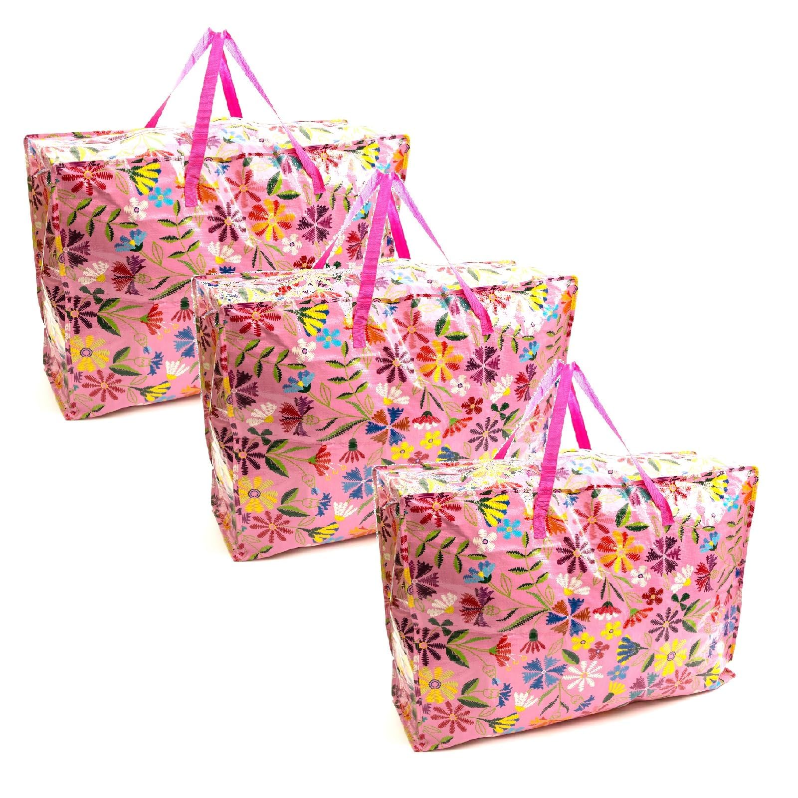 3 PACK Pink Flower 75x60x25cm Heavy Duty Durable Reusable Foldable Waterproof Laundry Clothing Wardrobe Storage Moving House Shopping Storage Bags Extra Large Jumbo Zipped Floral Bag