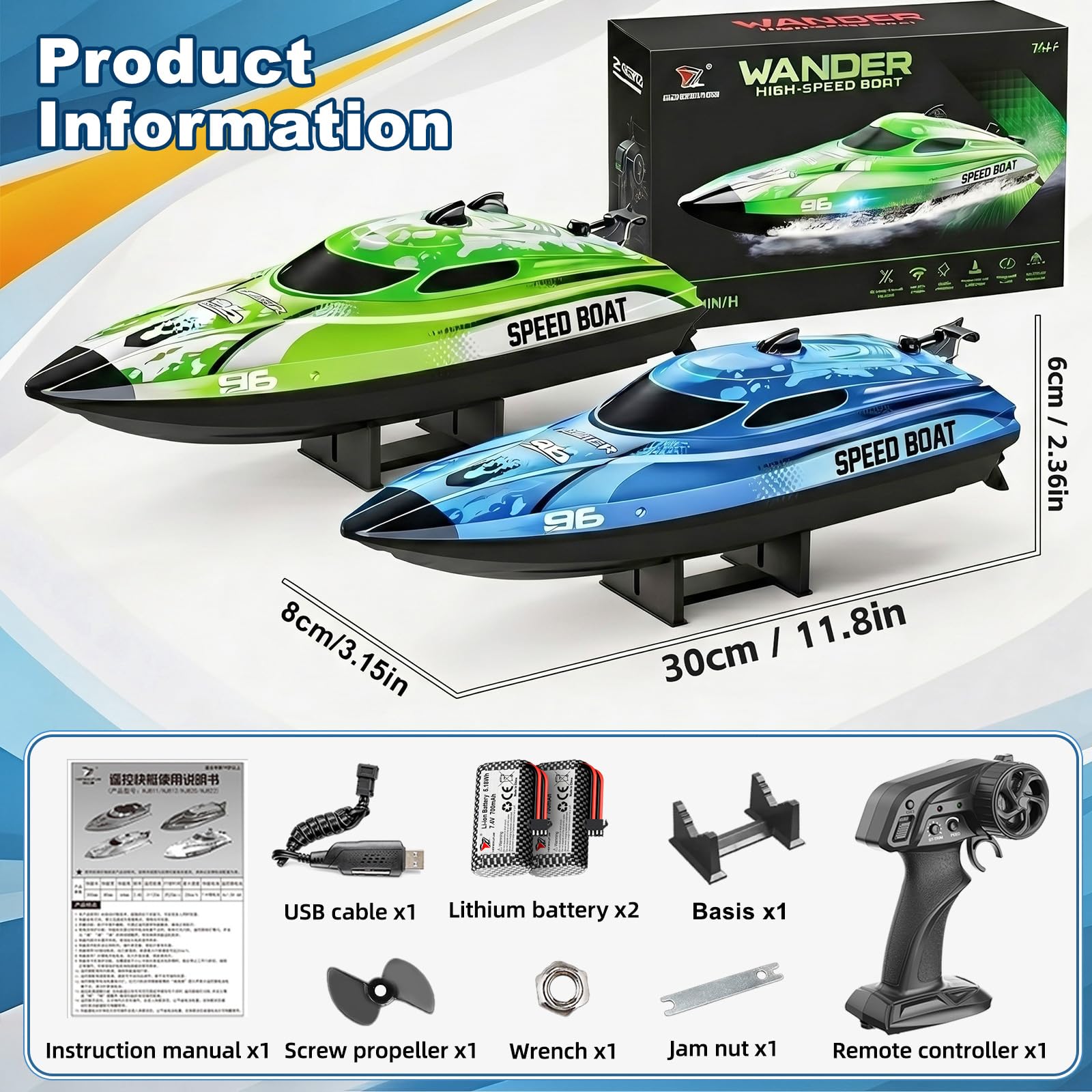 YESHIN RC Boot 25 km/h, 2,4 GHz High Speed Ferngesteuertes Boot mit LED, 2 Batterien, Wasserdicht & Kentersicher, Überdruck Erinnerung, Geeignet für Pool Seen, Geschenk für Kinder & Erwachsene (Grün)