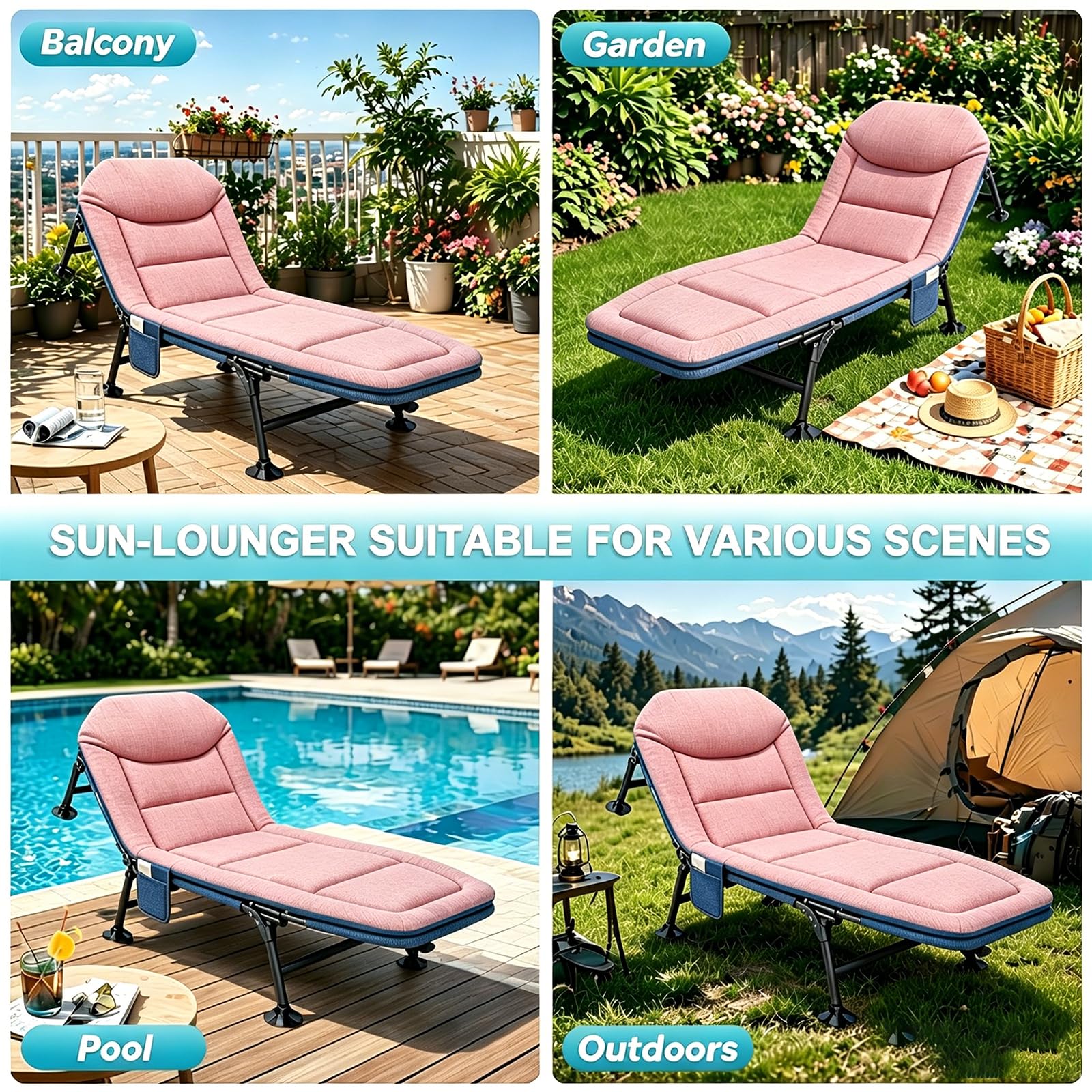 Lit de camp pliable avec coussin de nuque et poche latérale - 190 x 65 x 30 cm - Charge maximale : 150 kg - Pliable - Léger - Compartiment réglable - Lit d'invité pliable pour jardin, voyage