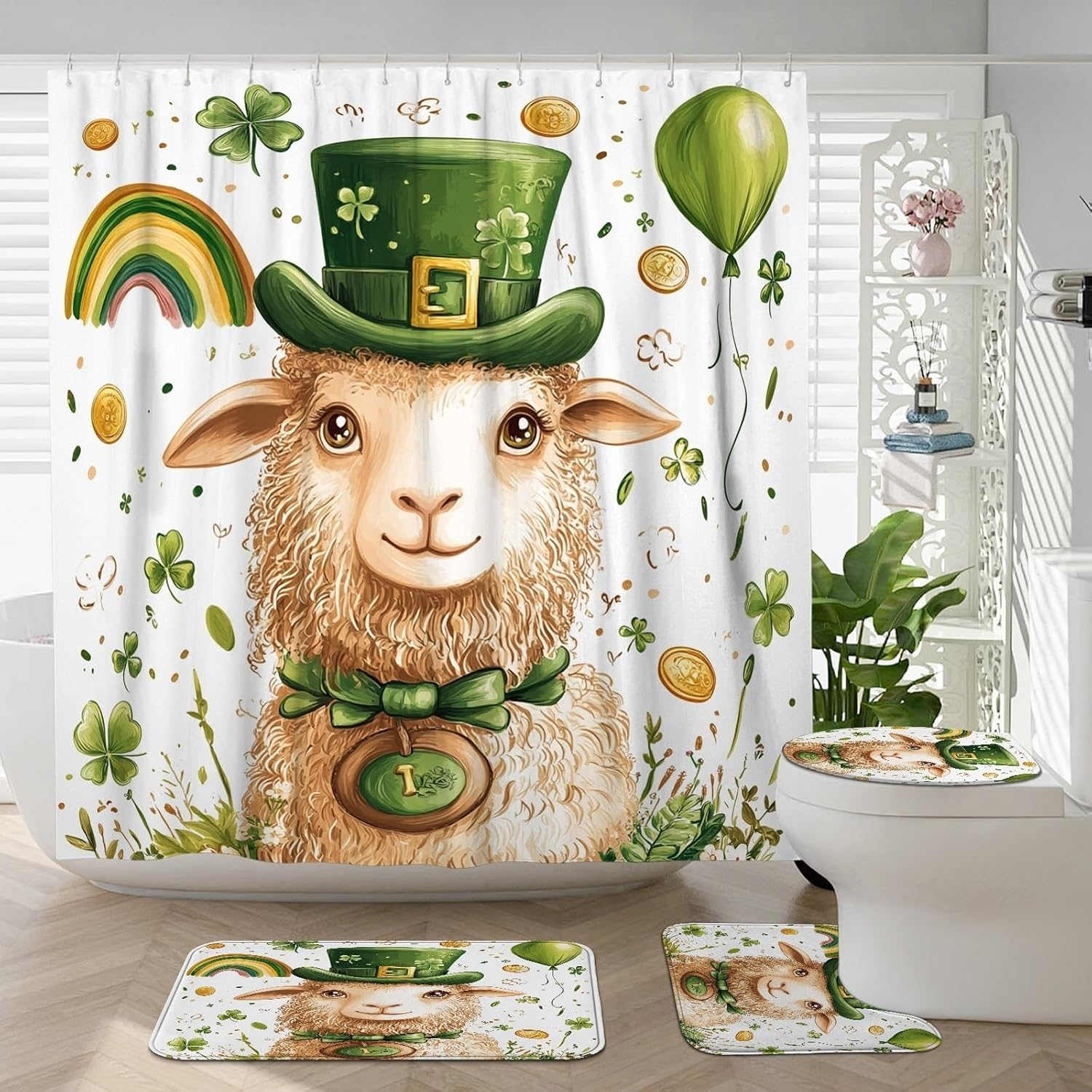 4PCS St.Patrick's Day Sheep Bathroom Accessory Sets with Non-Slip Rug, U Shape Toilet Lid Cover Mat, Fun Cartoon Animal Bathroom Decoration 72''x72''