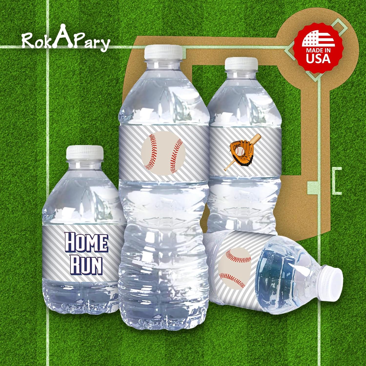25 Sports Baseball Water Bottle Labels, Waterproof Water Bottle Wrappers, Great Stickers for Birthday Party, Baby Shower, Wedding, Graduation, or Any Family Event Decorations, Made in USA