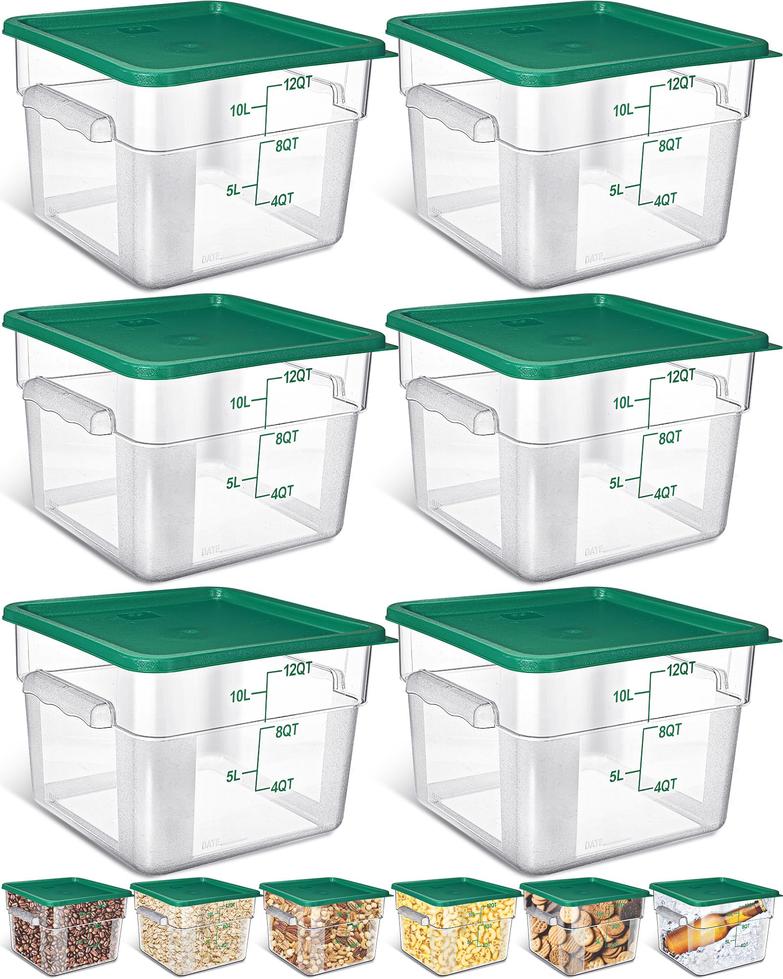 Yungyan Confezione da 6 contenitori per alimenti con coperchi, 12 qt, trasparenti, quadrati, in policarbonato, con graduazioni e manici, per cucina, ristorante, pane, impasti e sous vide