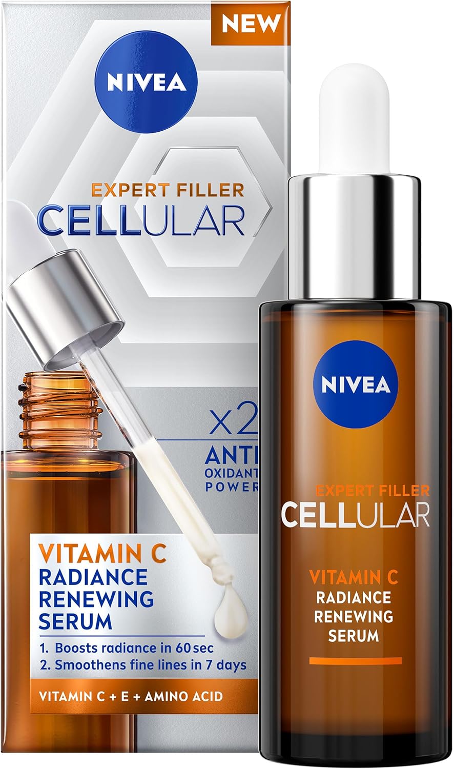 NIVEA Cellular Expert Filler Vitamin C Radiance Renewing Serum (30ml), Anti-Ageing Vitamin C Serum to Smooth Fine Lines and Wrinkles, Face Serum that Protects Against Sun Damage and Pollution