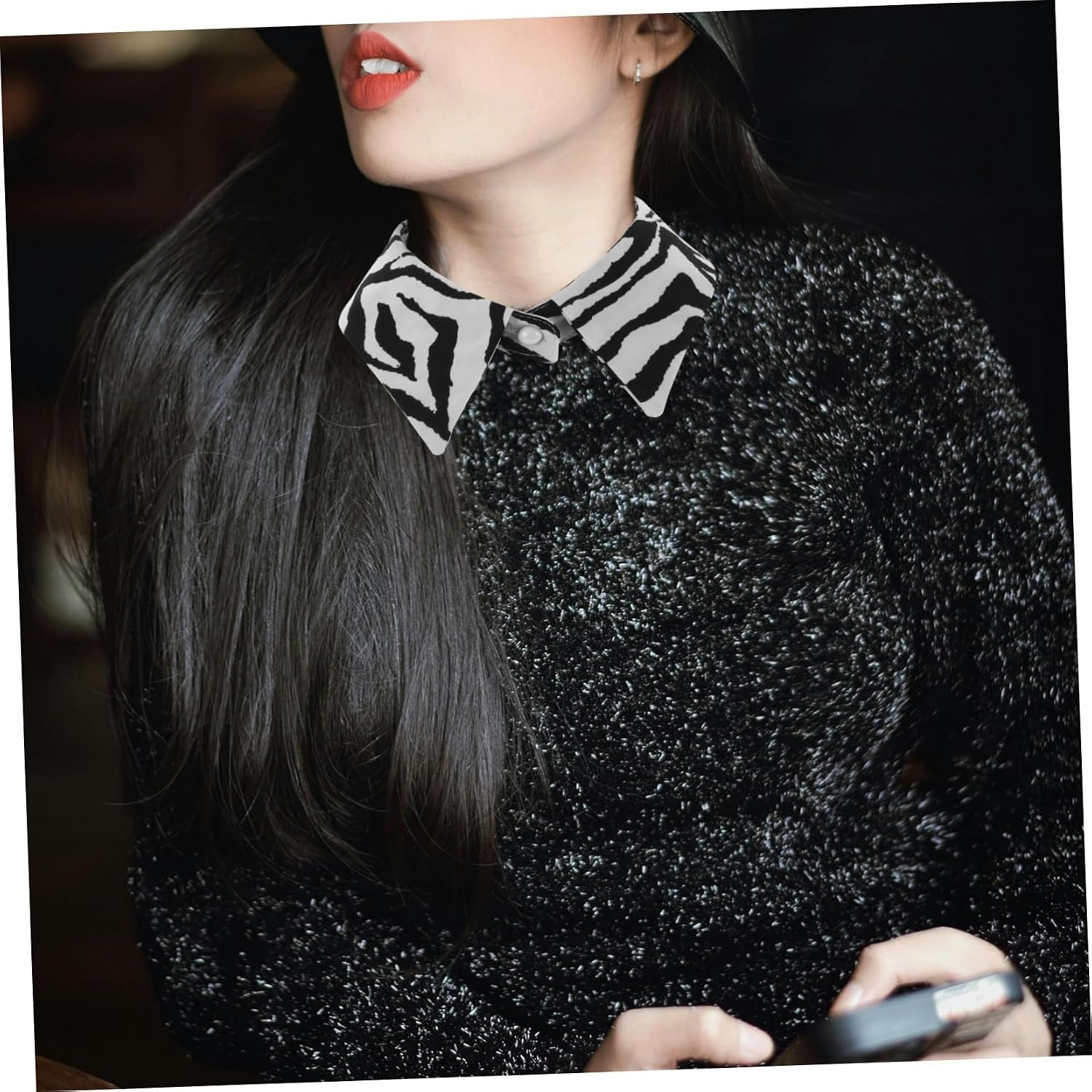 Women Zebra Print Faux Shirt Collar, Chiffon Pointed Stand Accessory