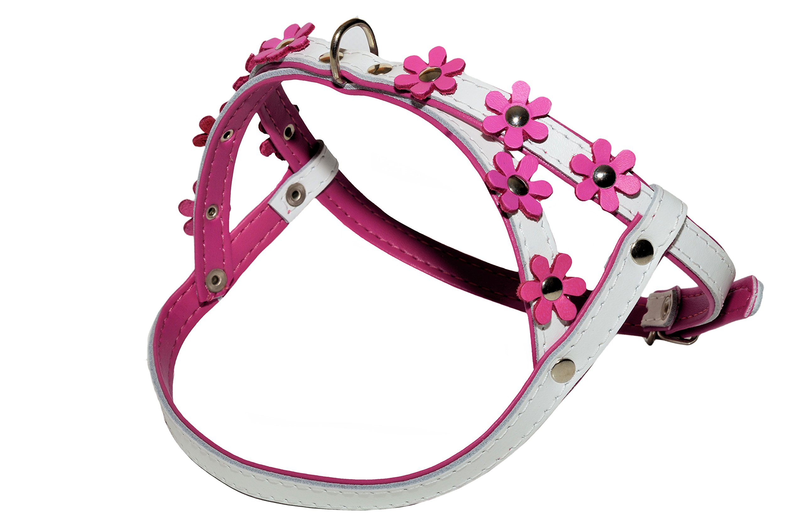Zooleszcz WHITH with PINK lining and PINK FLOWERS DAISY SOFT LEATHER DOG PUPPY FLOWER DAISY Designer HARNESS COLOUR PADDED (small)