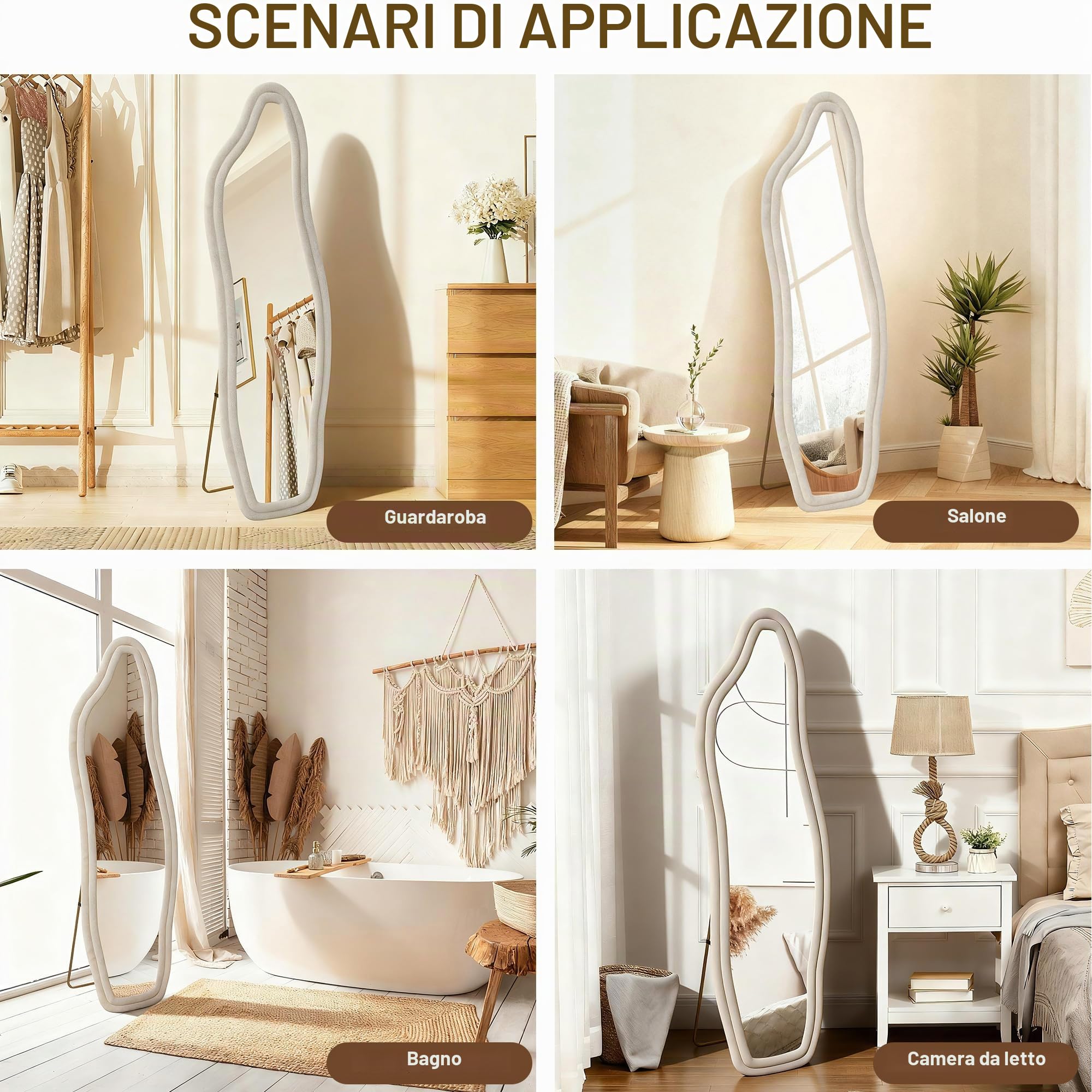 Specchio asimmetrico, 160 x 50 cm, a forma organica, moderno, a pavimento, curvo, da parete, per soggiorno, camera da letto, ingresso