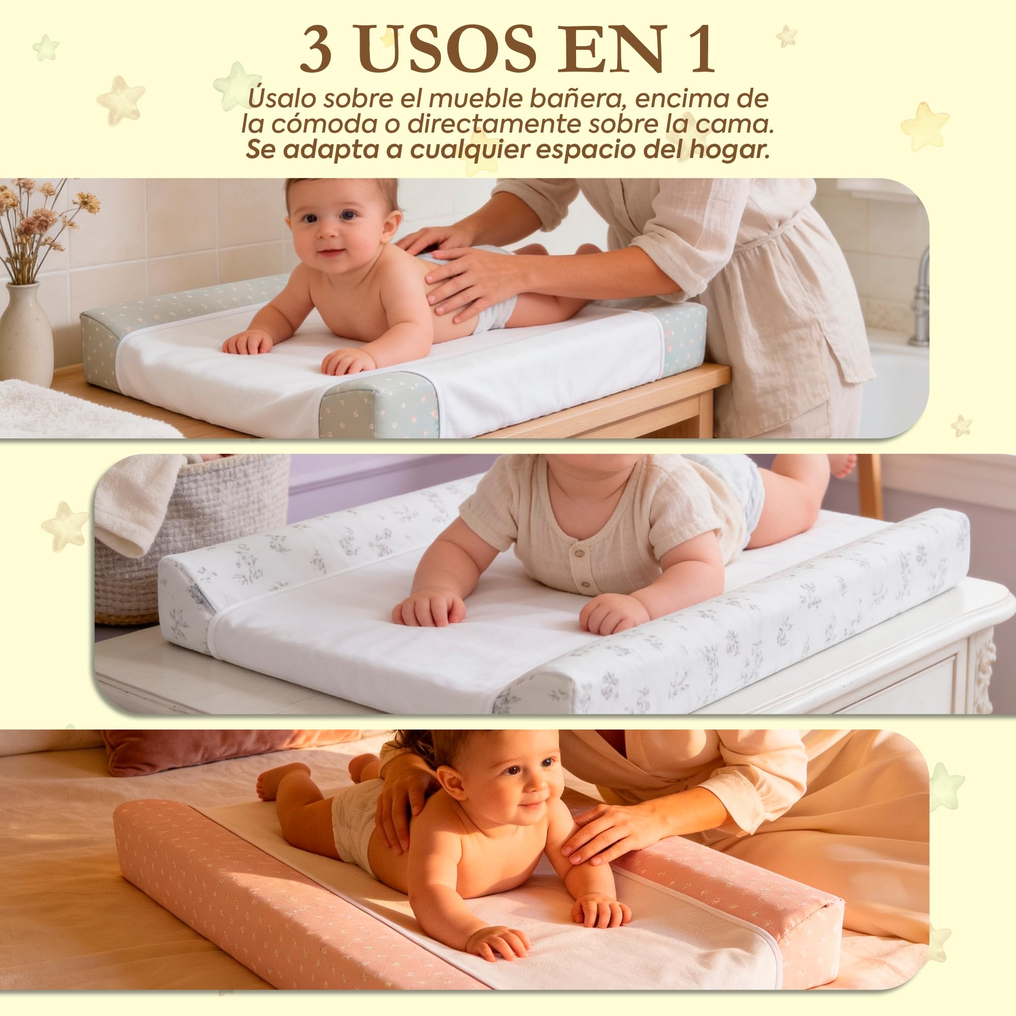 CAMBRASS Cambiador Bañera Bebe Acolchado de Algodon Impermeable y Ergonomico para Comoda o Cama 50x70x9 cm Rustic Rosa