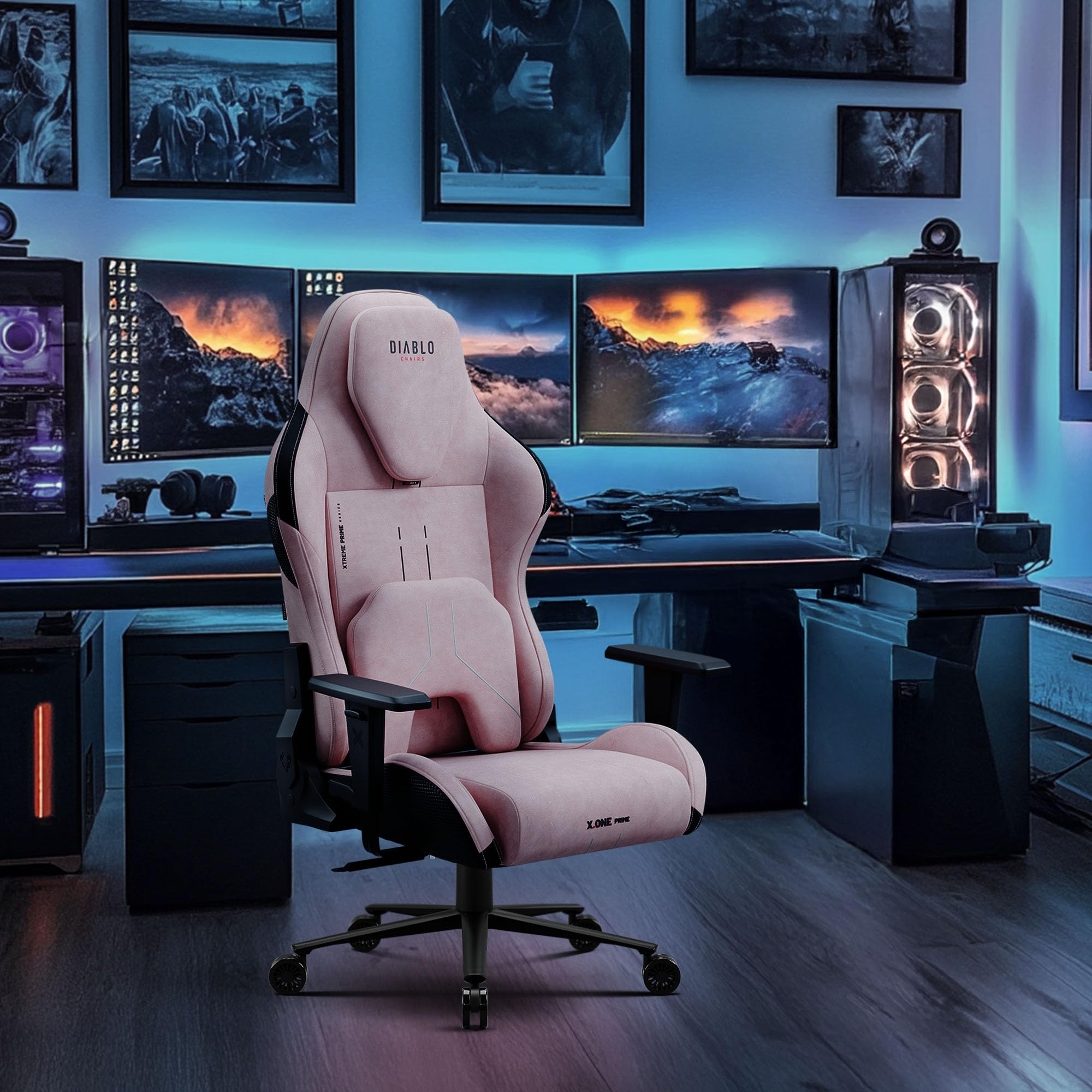 Diablo Gaming Stuhl Stoff X.One Prime Gamer Stuhl Ergonomisch mit Magnetische Kopfstütze und Kühlender Sitz Robuste Metallbasis, Höhenverstellbare Armlehnen Pc Stuhl, Gaming Chair 140 kg Akira Pink