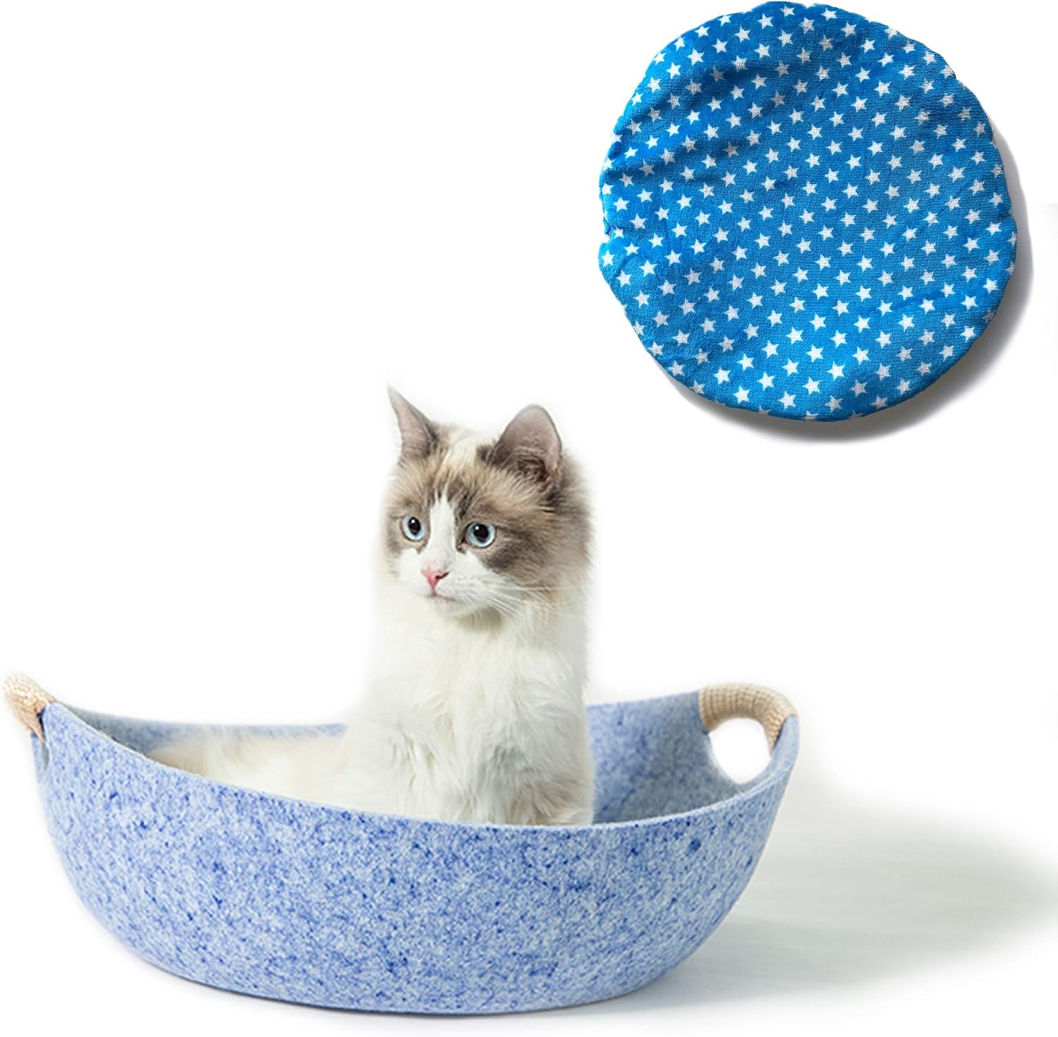 simoce Natural Wool Shaped Felt Cat Round Bed with Reinforced Handle 17.8L x 17.8W x 6.7H Washable Sleep Rest Breathable Indoor Cozy Pot…