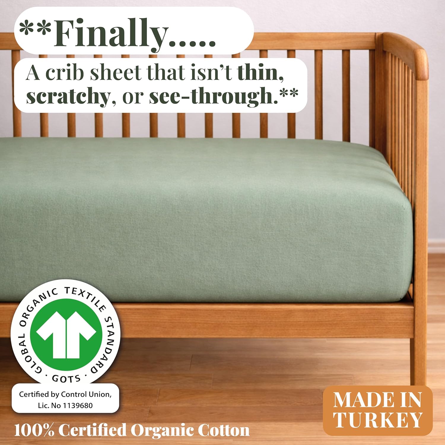 Crib Sheet – 100% Organic Turkish Cotton, GOTS Certified Premium Weight, Ultra Soft, Breathable Fitted 1 Pack - Toddler Bed Mattress Sheets for Boys & Girls