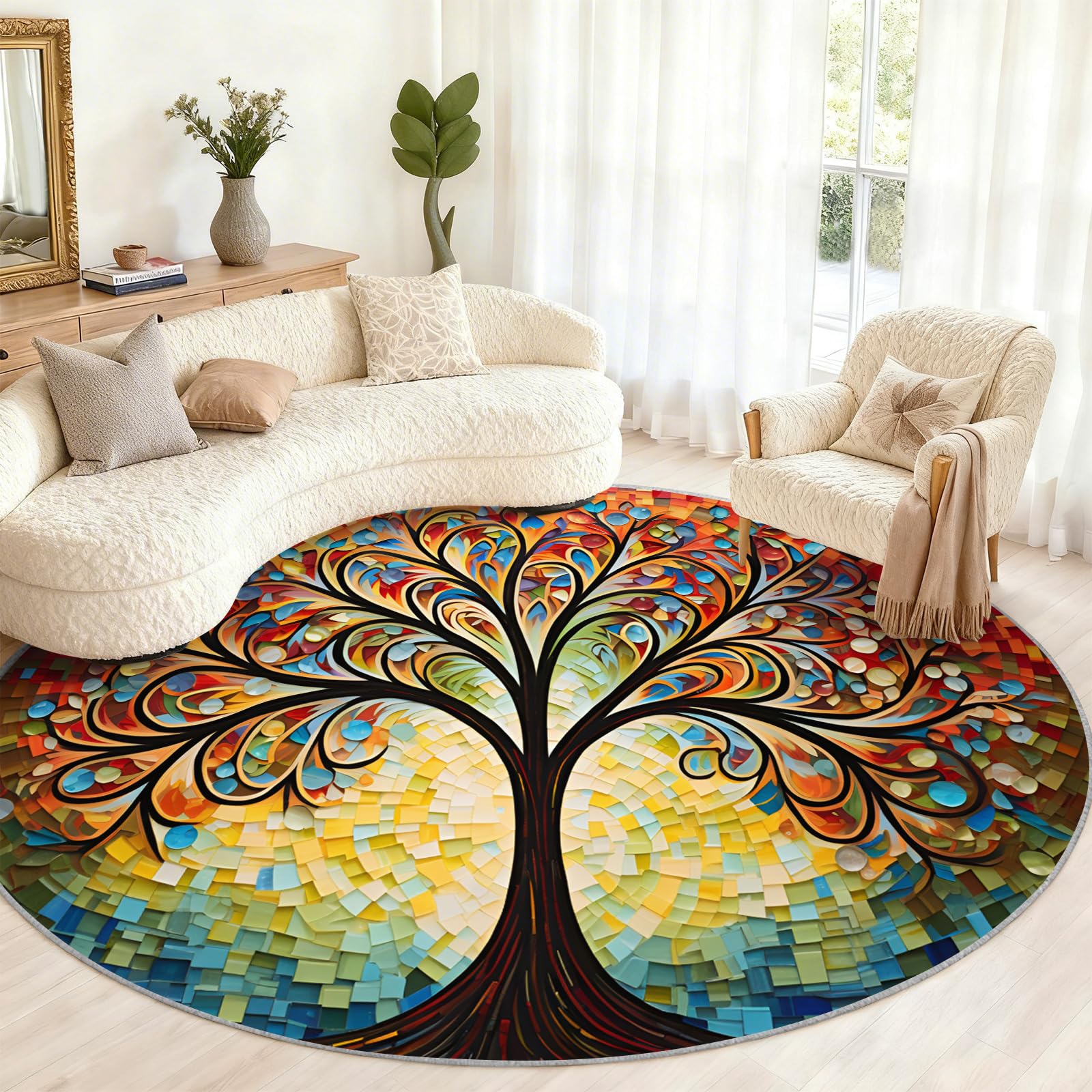 Grand tapis rond lavable 240 cm motif Arbre de Vie abstrait salon chambre