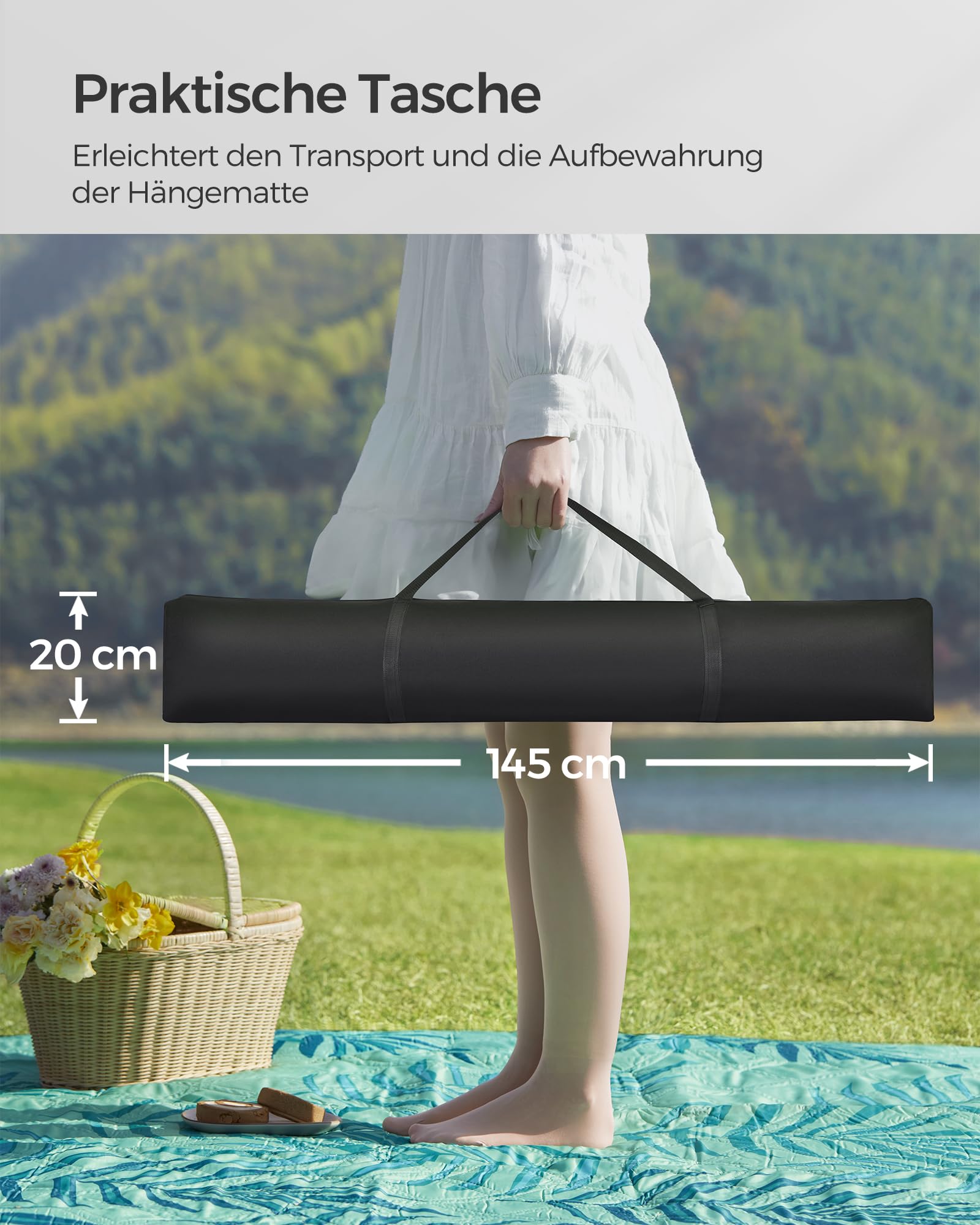 SONGMICS Hängematte mit Gestell, Hängemattengestell aus Metall, Doppelhaltestange, mit Kissen, bis 200 kg belastbar, Garten, schwarzes Gestell und graue Hängematte GHS002G01