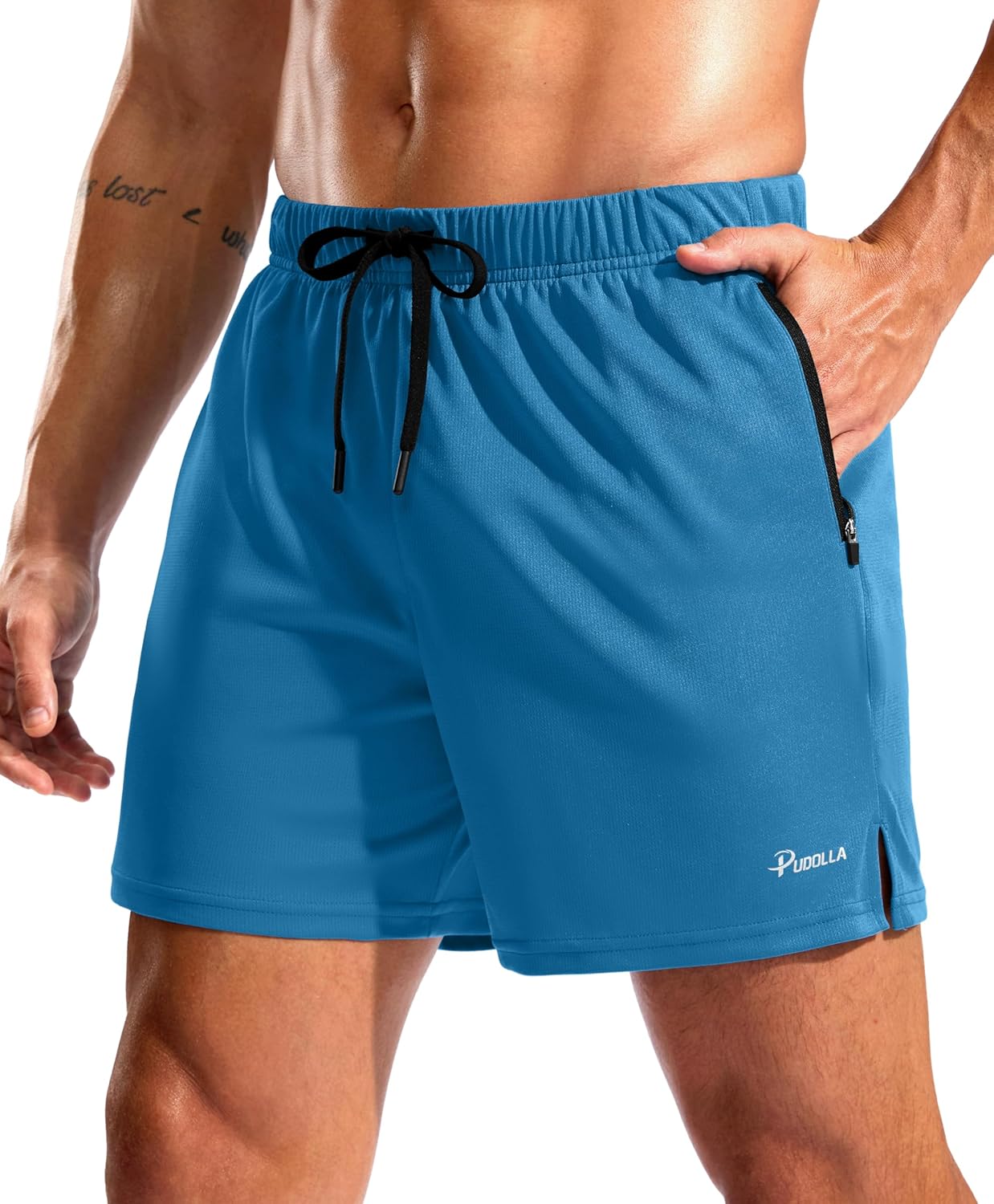 Pudolla Men's Workout Running Shorts with Zipper Pockets 5" Lightweight Quick Dry Athletic Gym Mesh Shorts no Liner