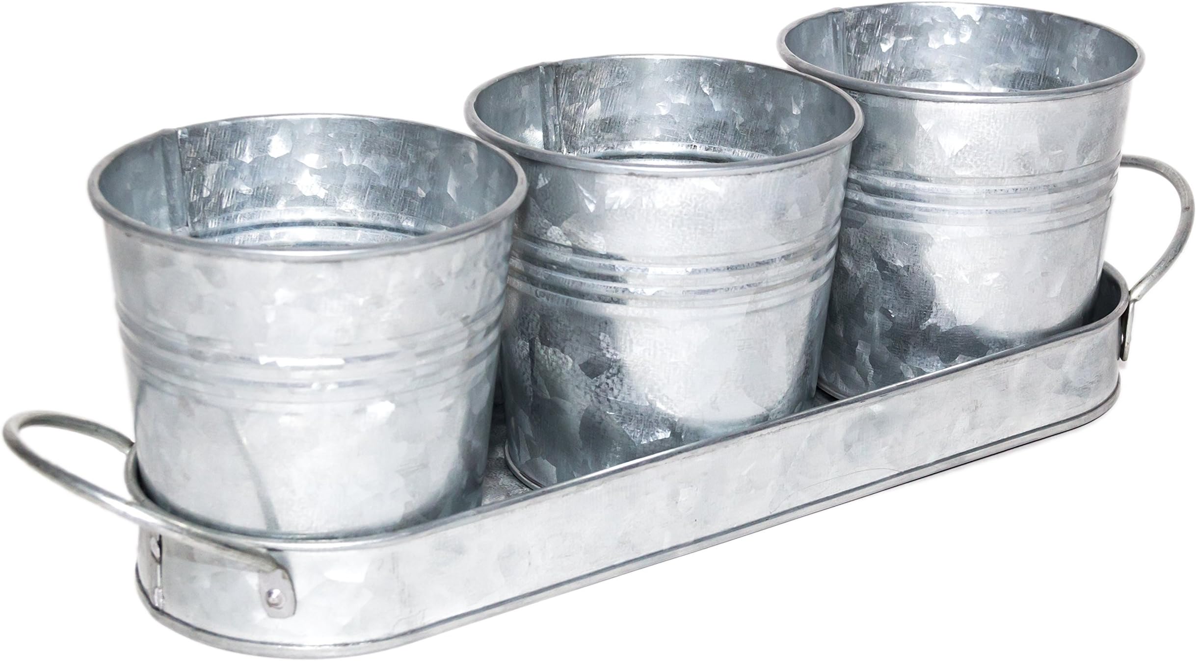 Watauga Vintage Finish Planter Pot Set | Galvanized Flower or Herb Pot Set with Tray/Caddy