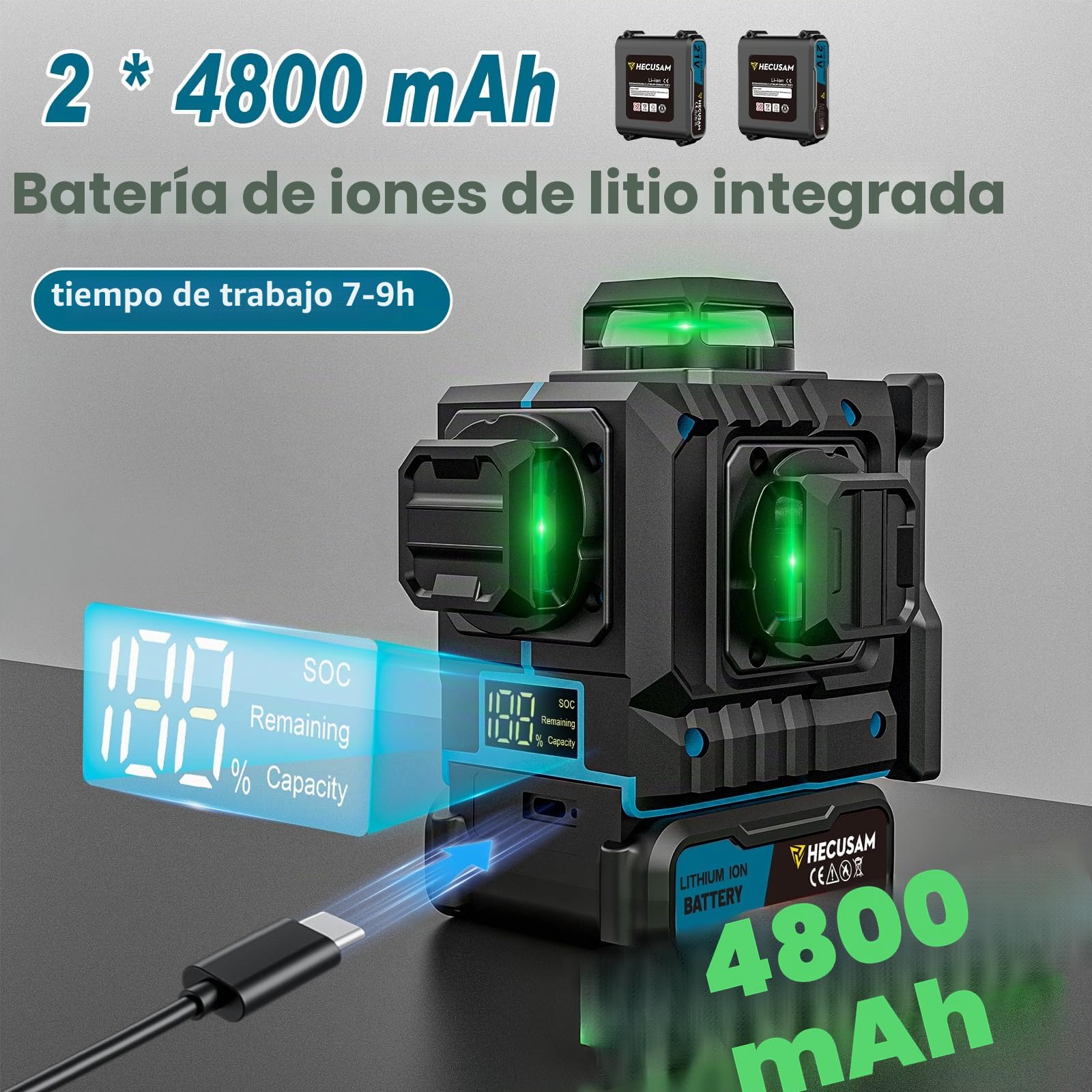 Nivel Laser Con Tripode, Nivel Laser Autonivelante 4 X 360 Grados, Laser Verde Sin Interrupciones Con Giratorio Ventana 360, BateríA 2×4800 mAh, Grado IP54 Para Construcción, Baldosas